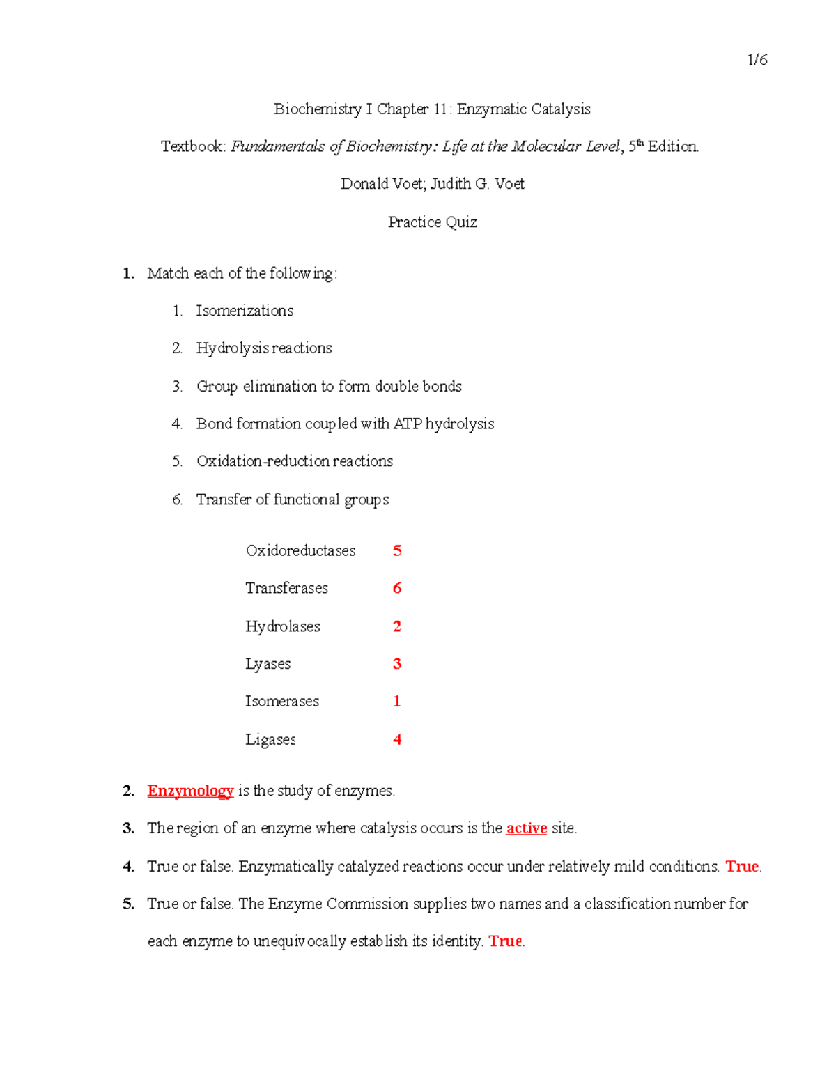 Chapter 11 Enzymatic Catalysis Practice Quiz Biochemistry I Chapter