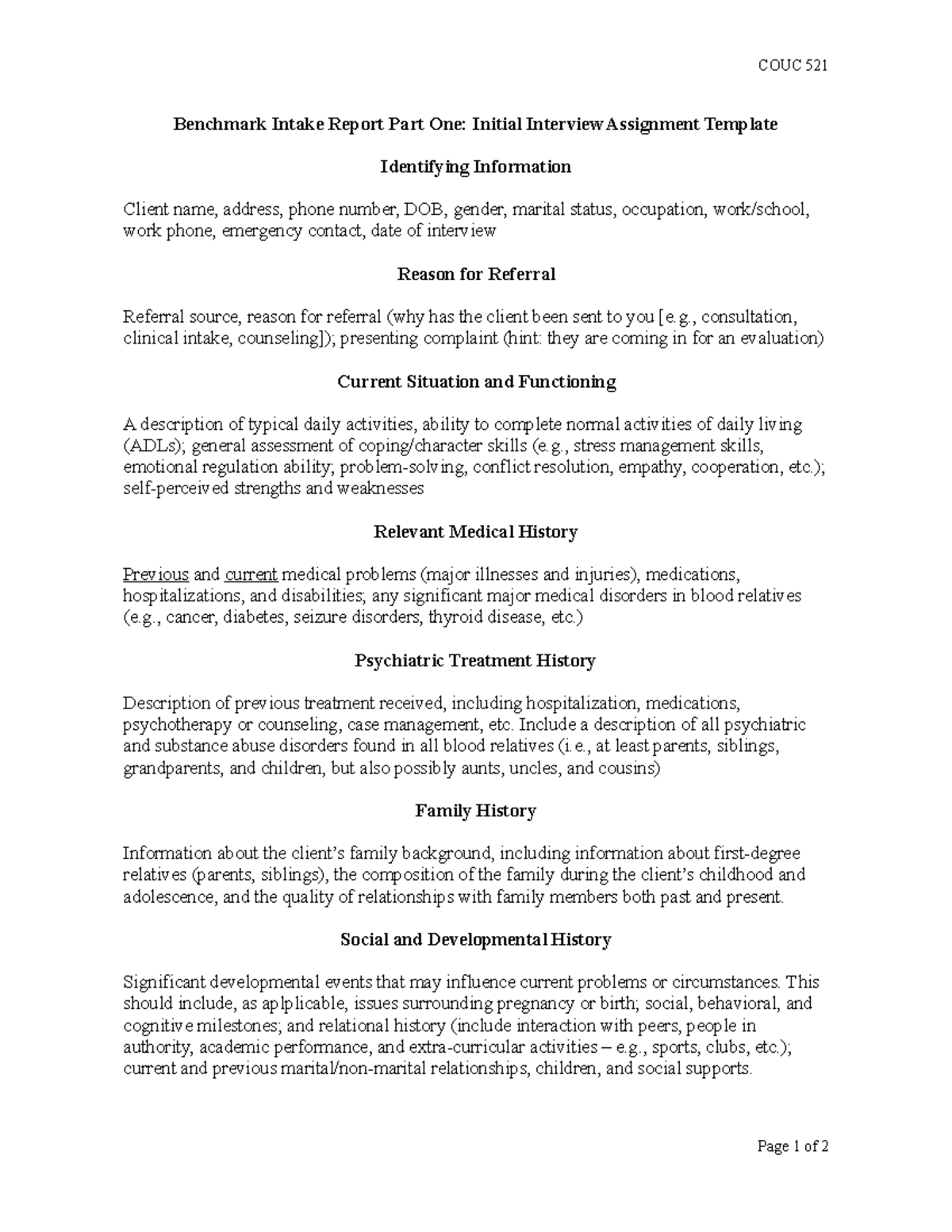 Benchmark Intake Report Part One Initial Interview Assignment Template ...
