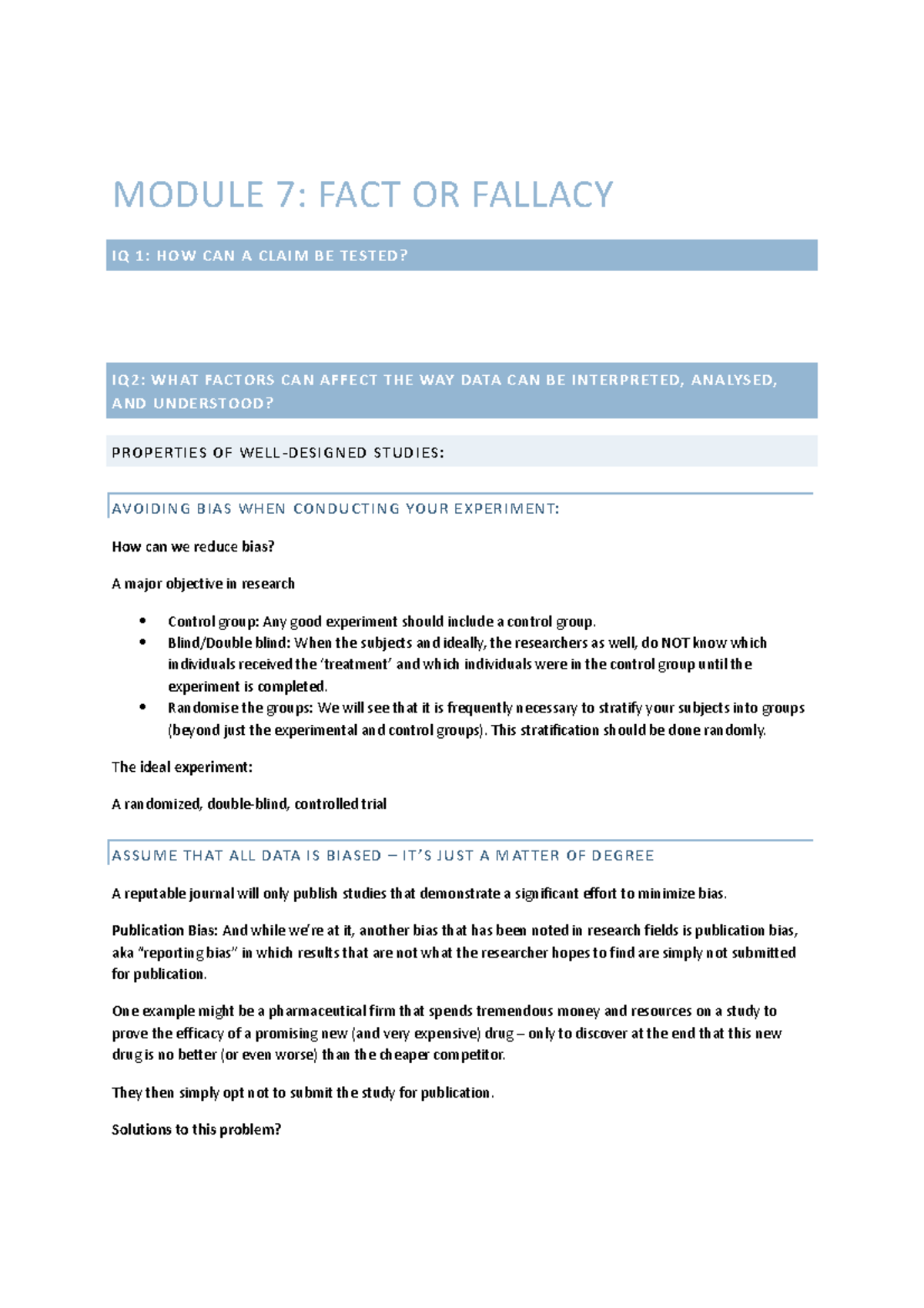 Class Notes - MODULE 7: FACT OR FALLACY IQ 1: HOW CAN A CLAIM BE TESTED ...