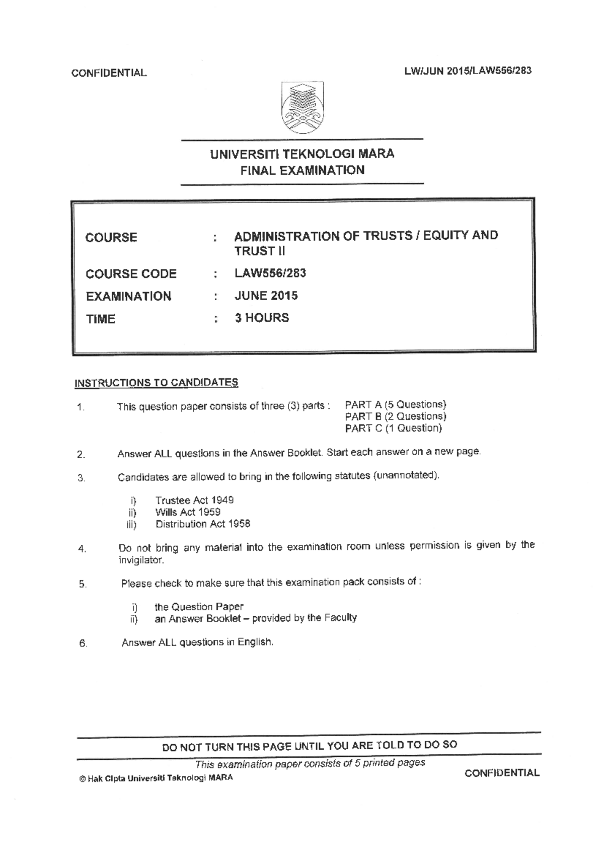 Faculty LAW 2015 Session 2 - Degree LAW556 283 - Administration of ...