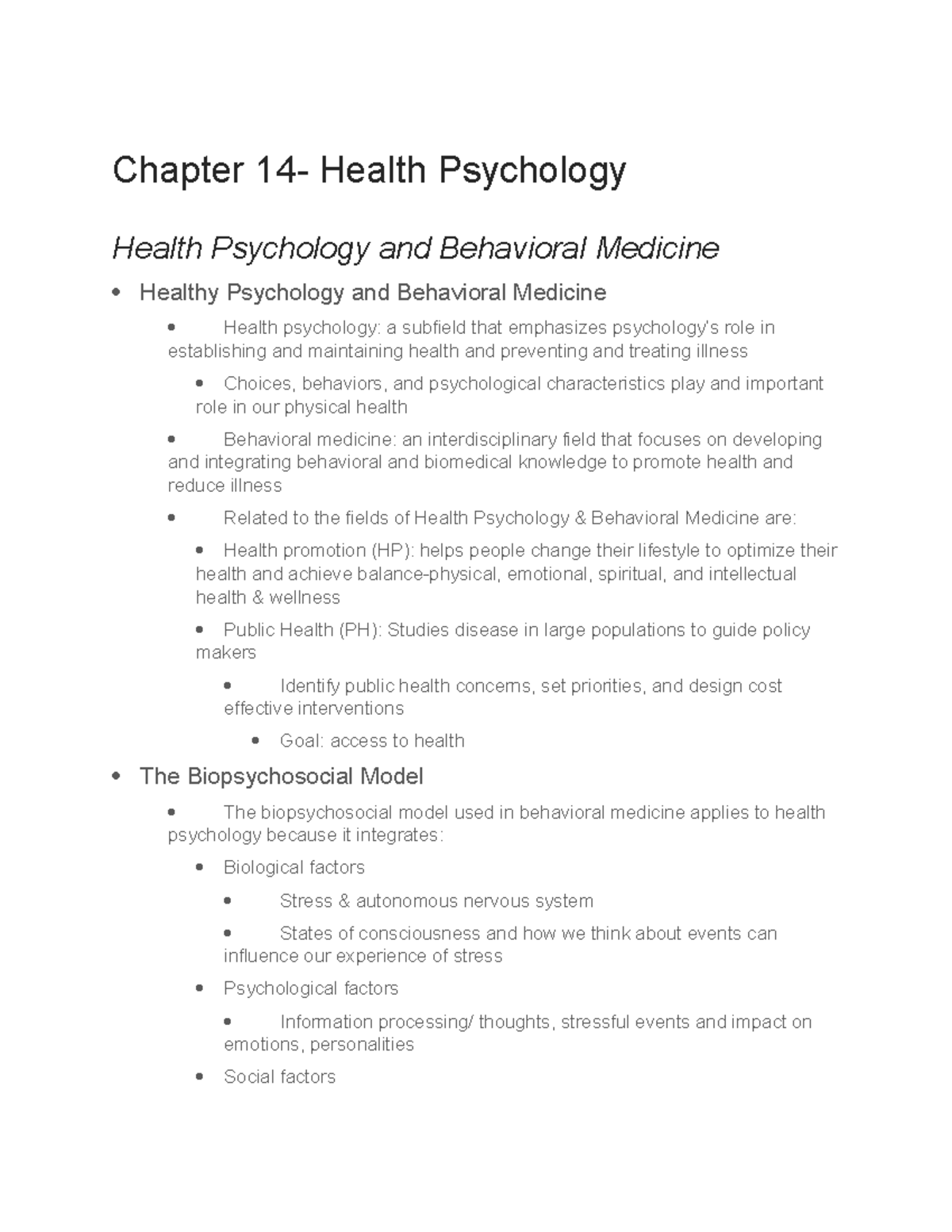 Chapter 14 Psych Notes - Chapter 14- Health Psychology Health ...