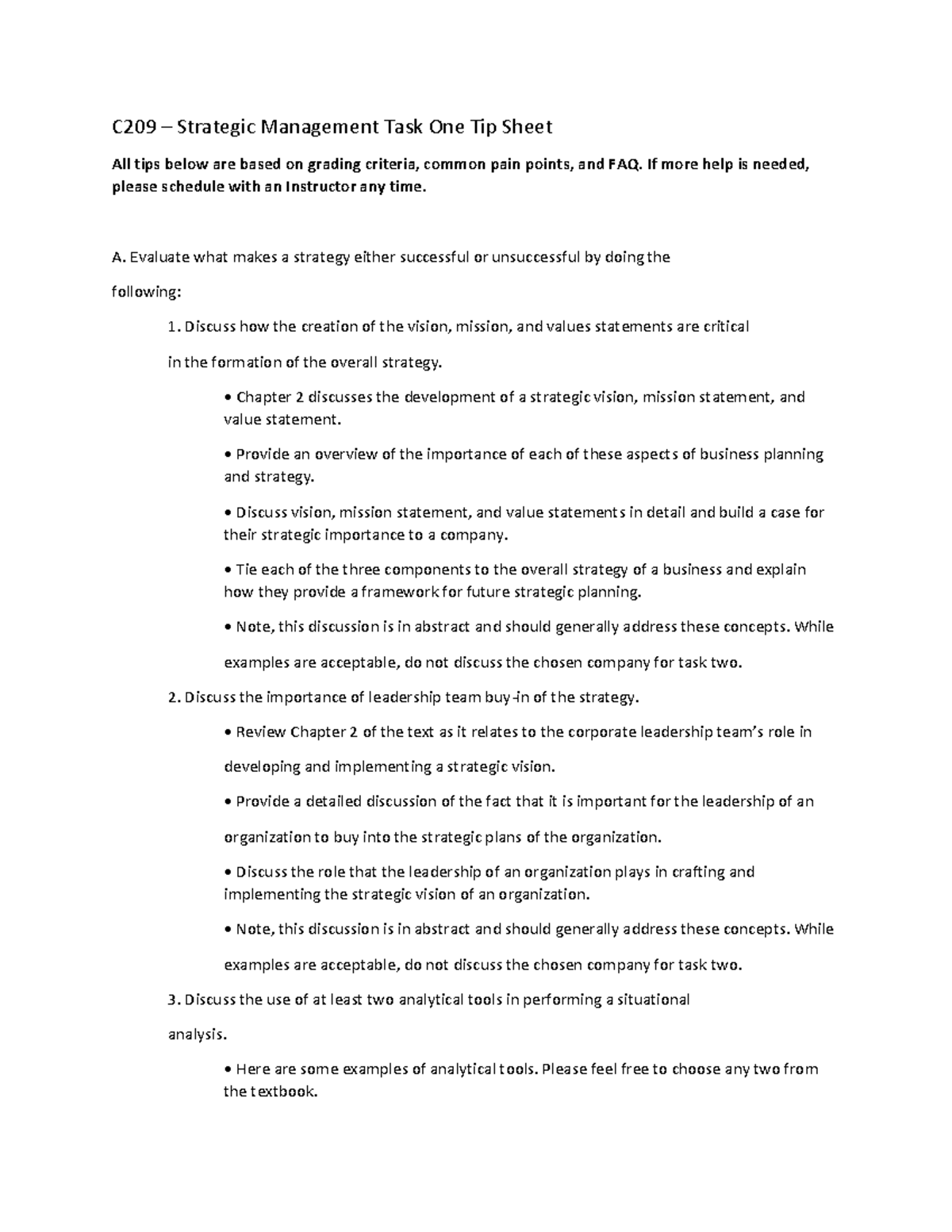 C209 Task 1 tip sheet 9-23 - C209 – Strategic Management Task One Tip ...