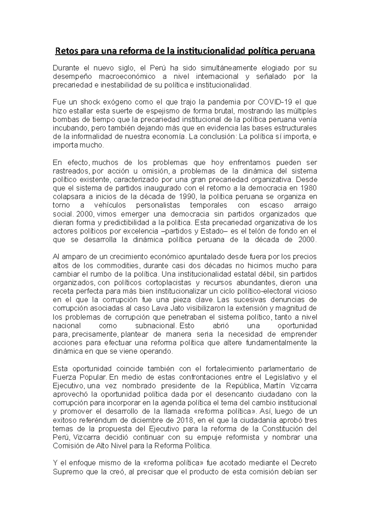 Resumen Retos para una reforma de la institucionalidad política - Retos ...