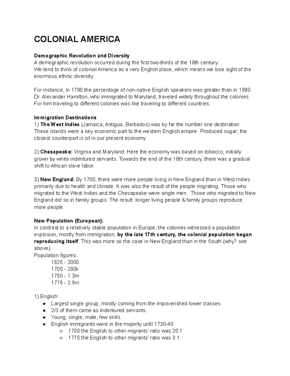 Colonial America Notes - COLONIAL AMERICA Demographic Revolution and ...