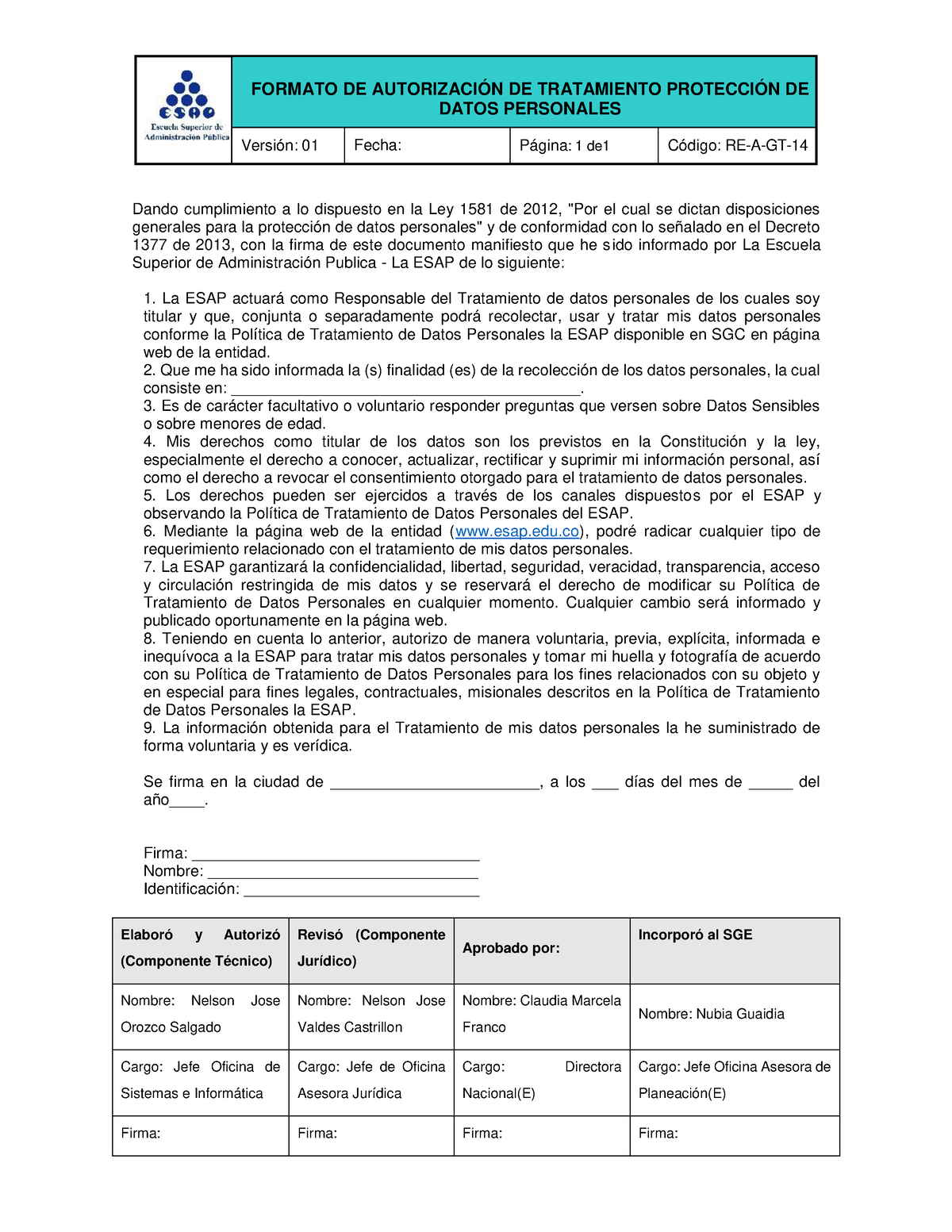 Formato De Autorización De Tratamiento Protección De Datos Personales Formato De AutorizaciÓn 2598