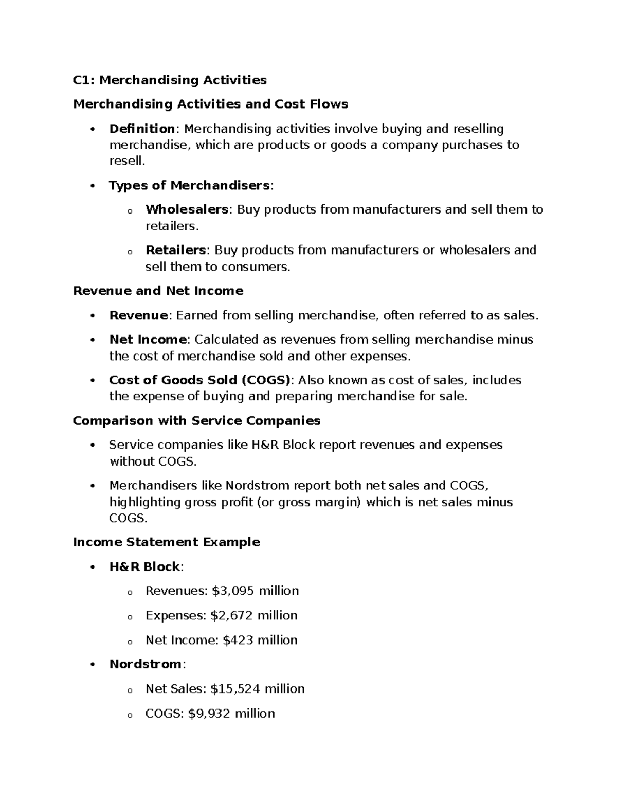 Chapter 5 Notes - C1: Merchandising Activities Merchandising Activities ...