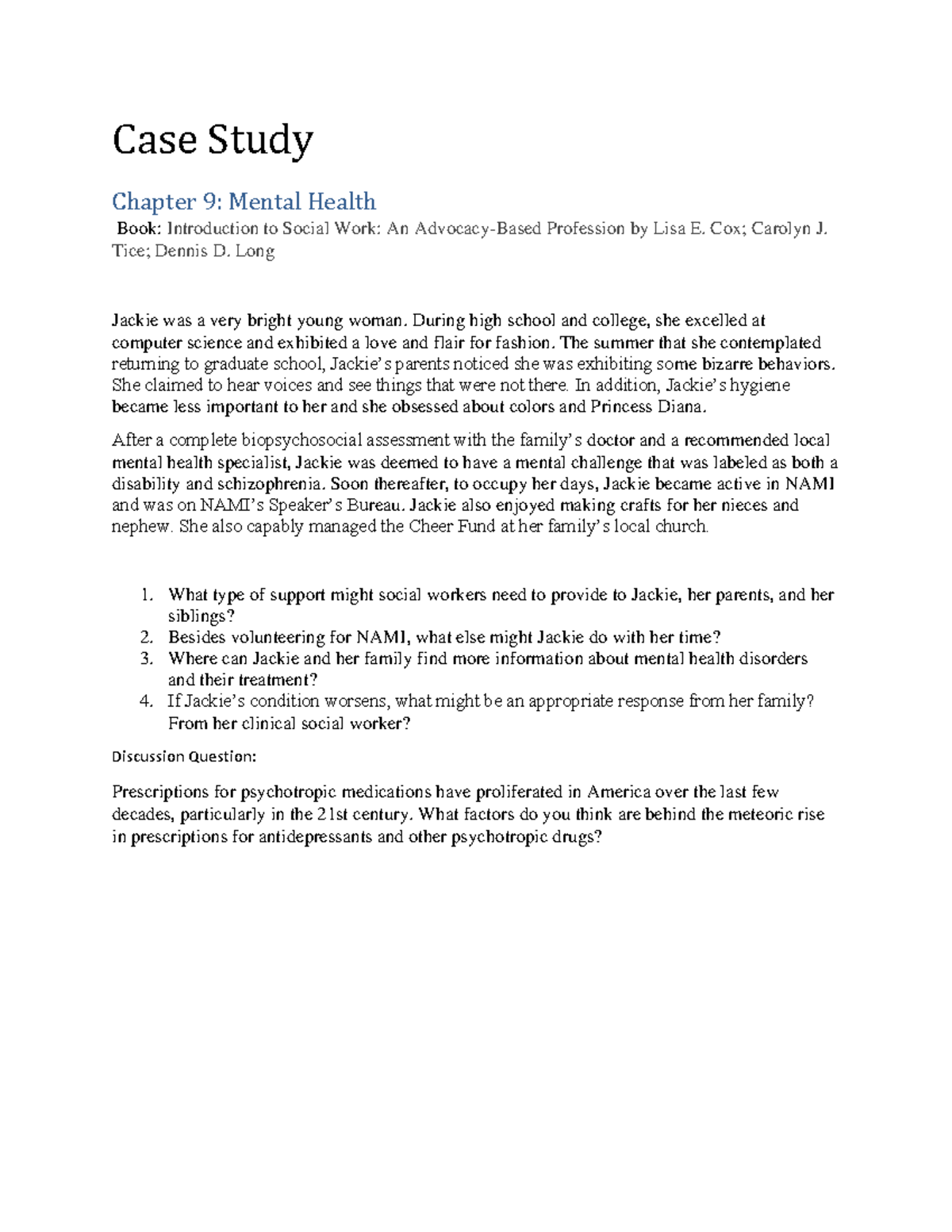 Case Study Ch 9 - Course work - Case Study Chapter 9: Mental Health ...