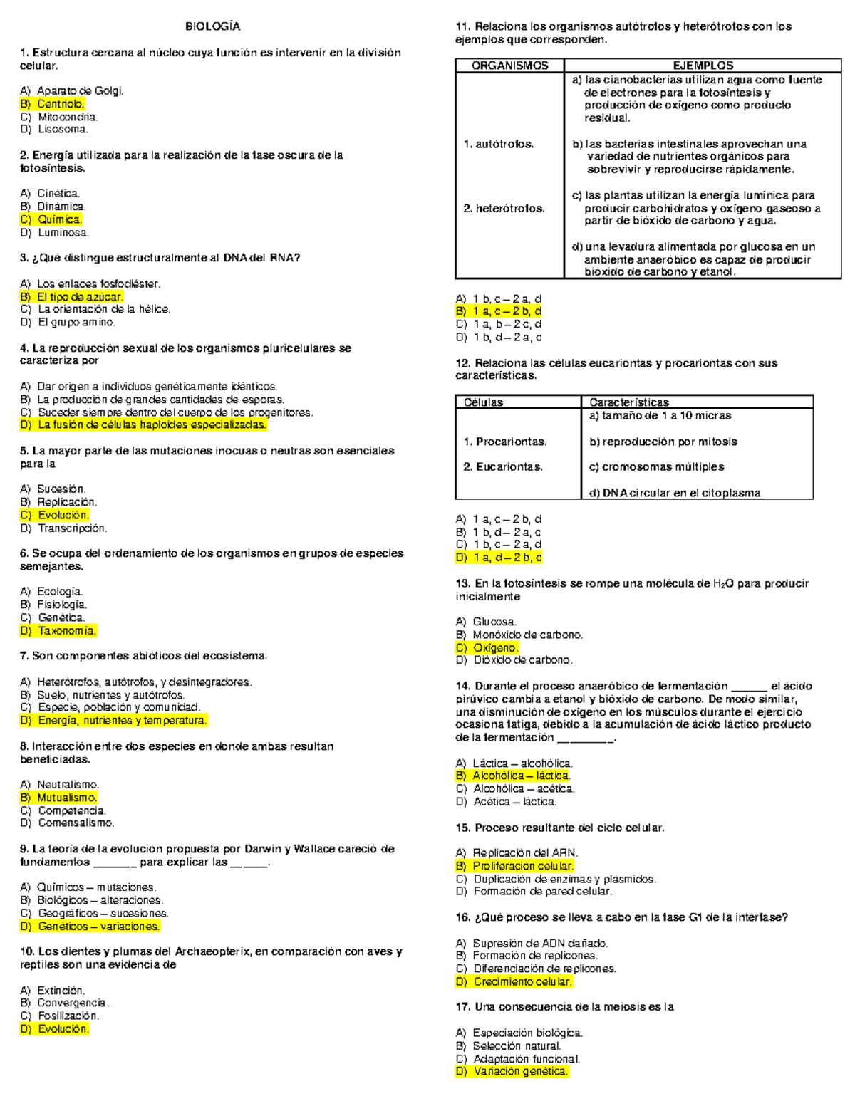 Biología Respuestas - Examen De Selección Unam - BIOLOGÍA 1. Estructura ...