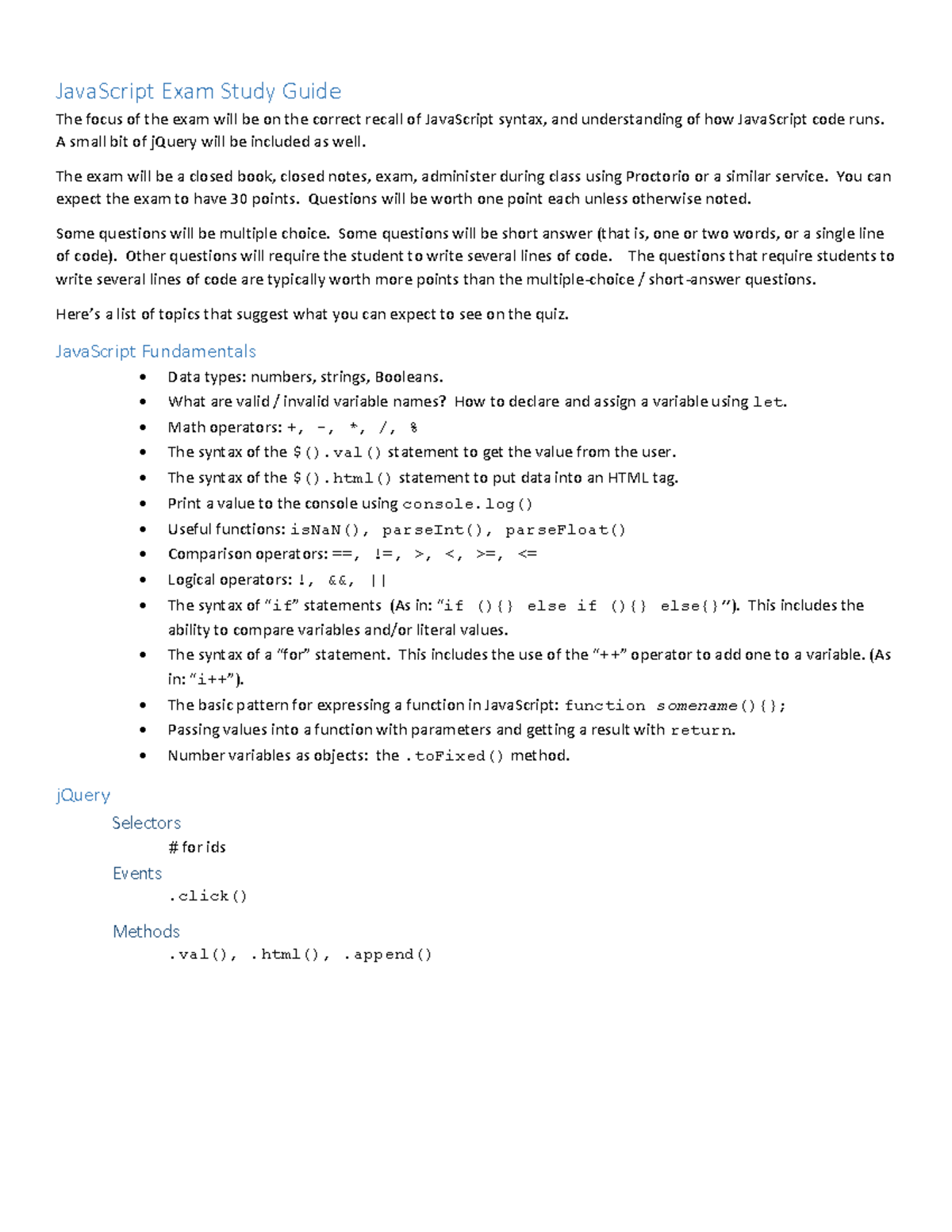 JS Exam Study Guide - JavaScript Exam Study Guide The focus of the exam ...