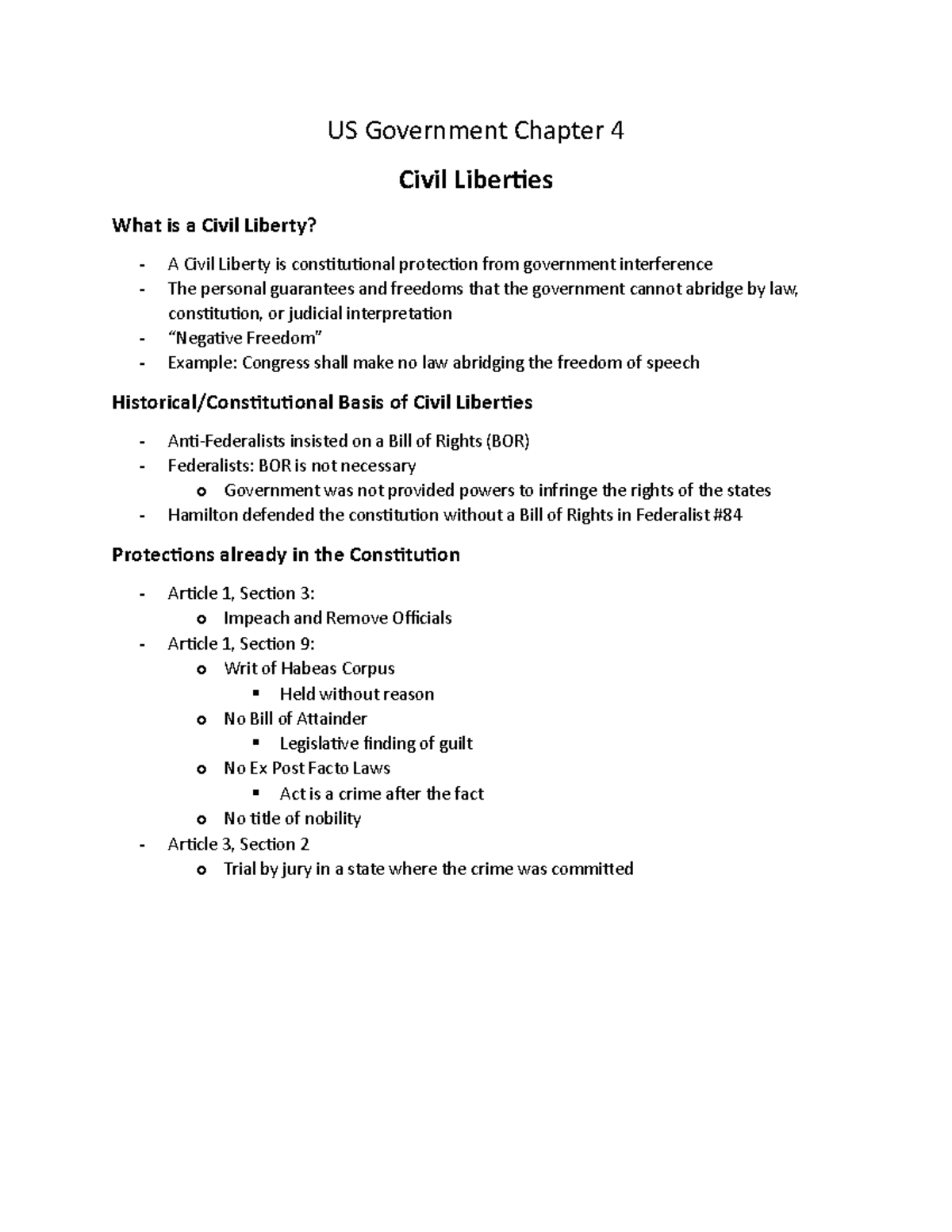 US Government Notes Ch 4 Civil Liberties And The Bill Of Rights - US ...