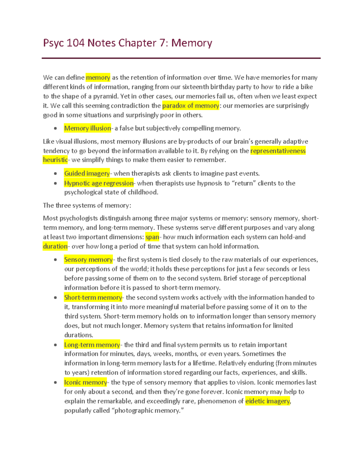 Intro Psychology 104 Notes Chapter 7 - Psyc 104 Notes Chapter 7: Memory ...