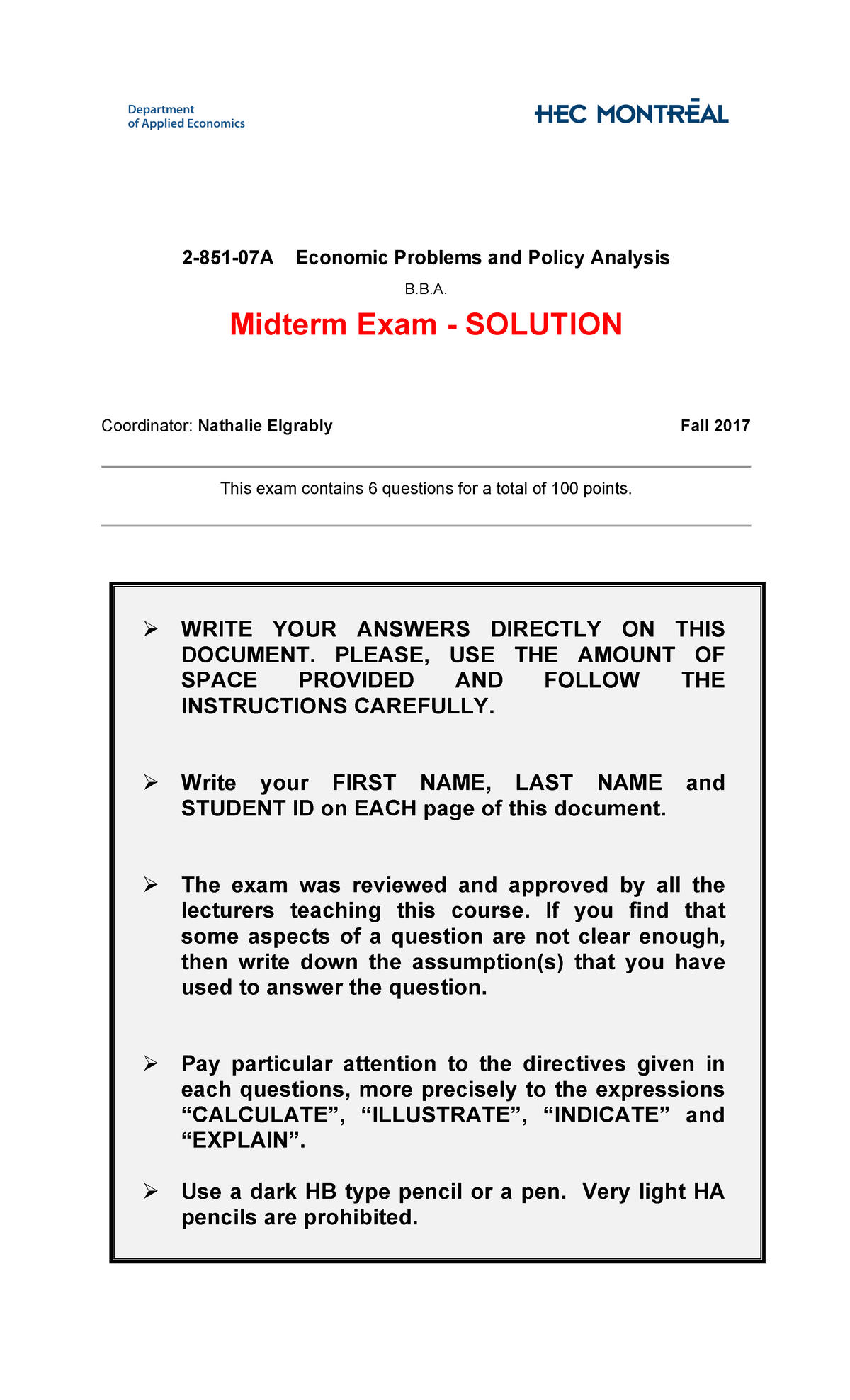 Midterm 285107 A F2017 Solution - 2-851-07A Economic Problems And ...