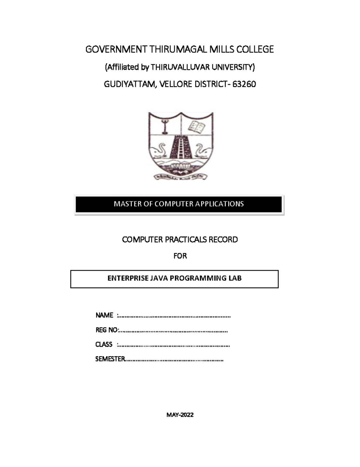 Enterprise java programming lab - MASTER OF COMPUTER APPLICATIONS ...