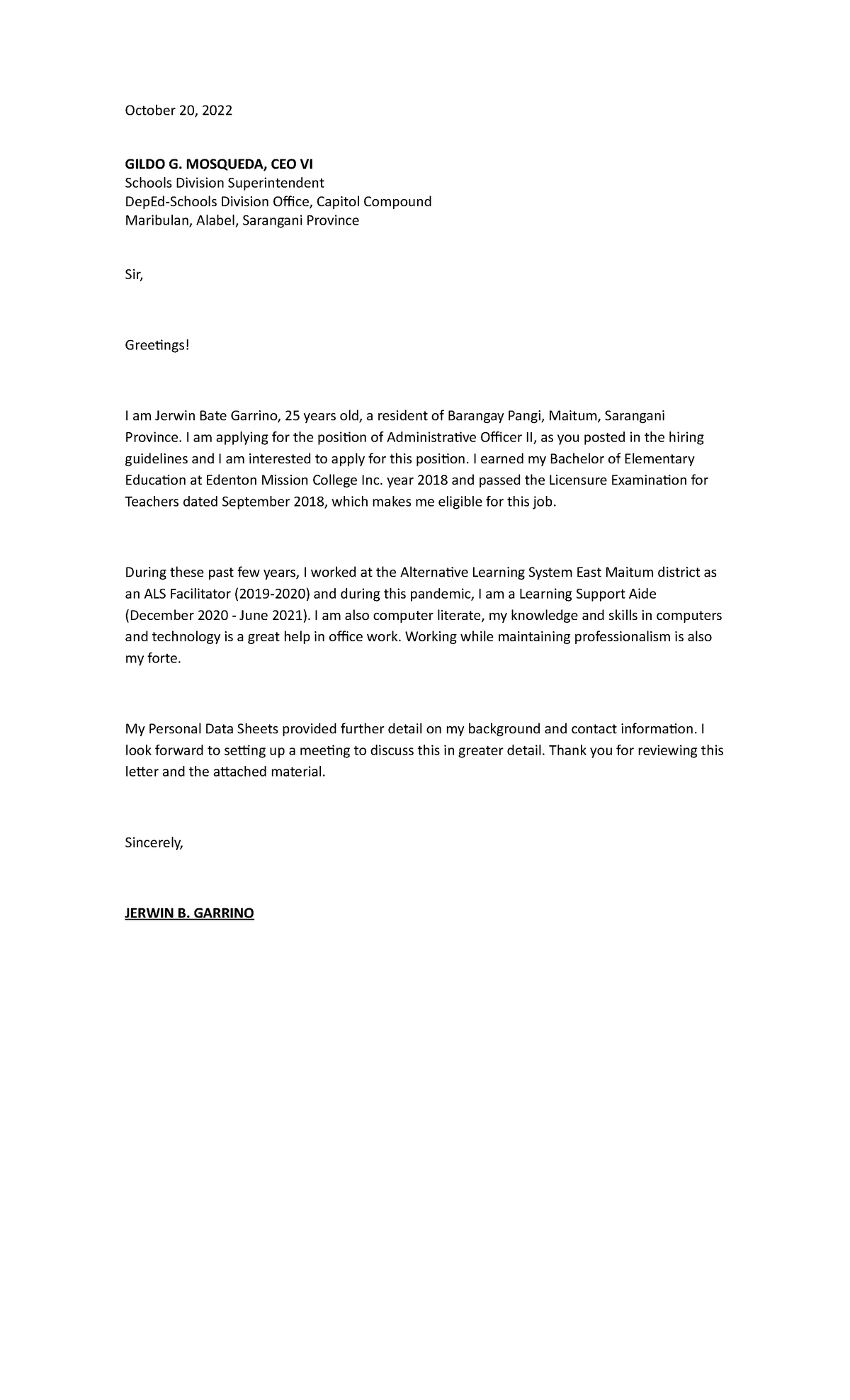 Application letter AO2-Jerwin- WPS Office - October 20, 2022 GILDO G ...