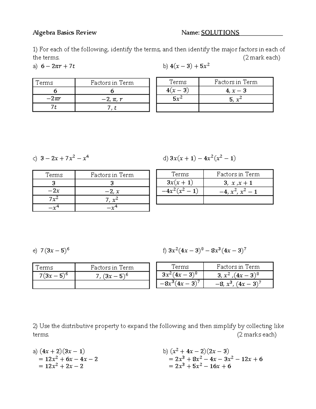 Algebra Basics Module Review Solutions - Algebra Basics Review Name 