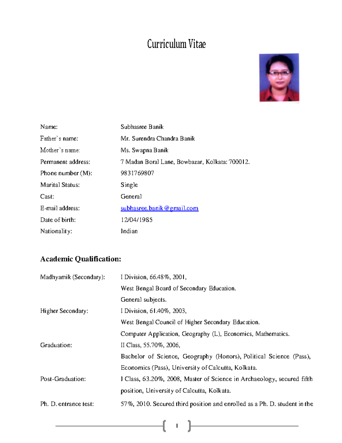 Curriculum Vitae 12 (03) compressed - Curriculum Vitae Name: Subhasree ...