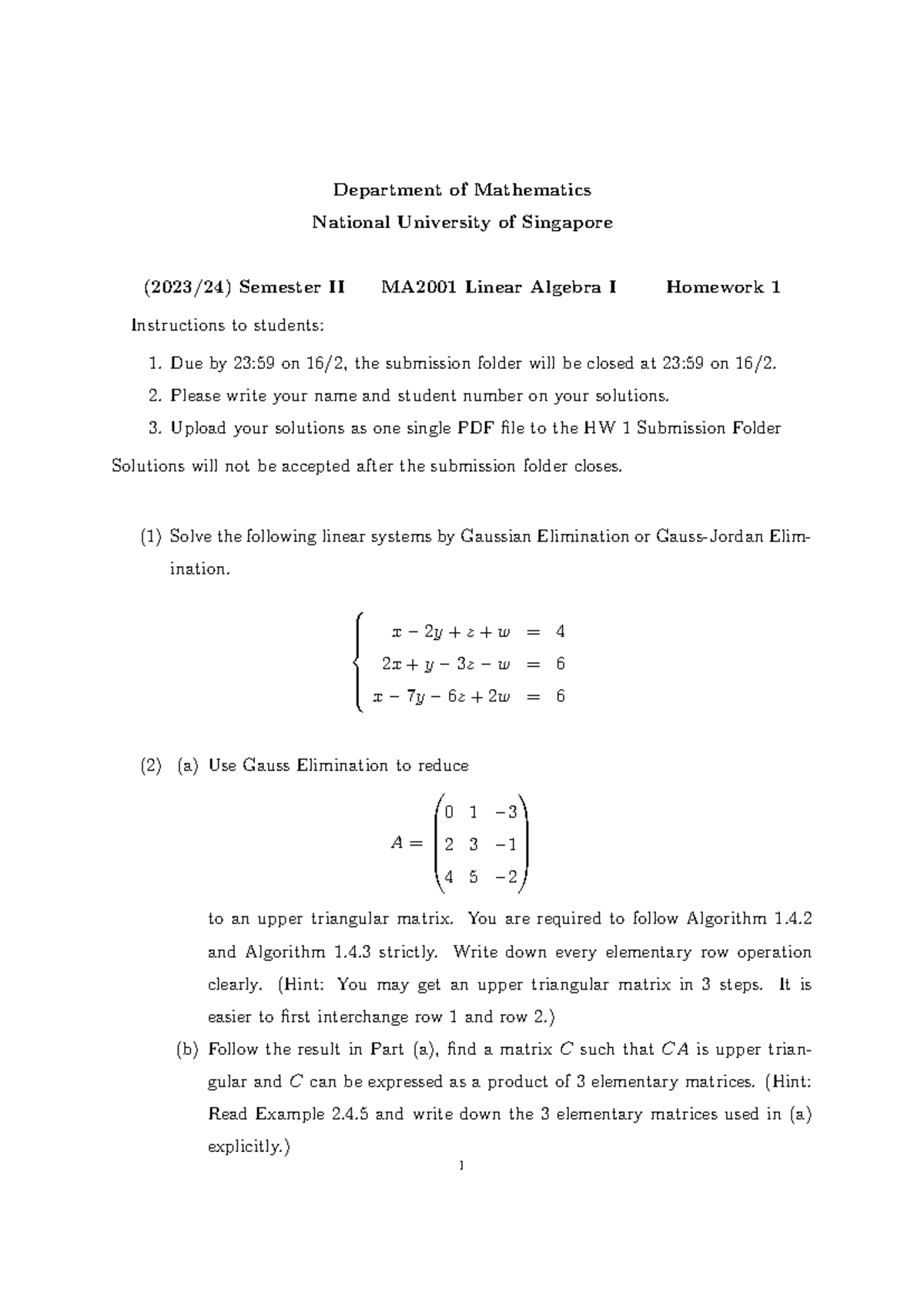 Hw1 - Department Of Mathematics National University Of Singapore (2023/ ...