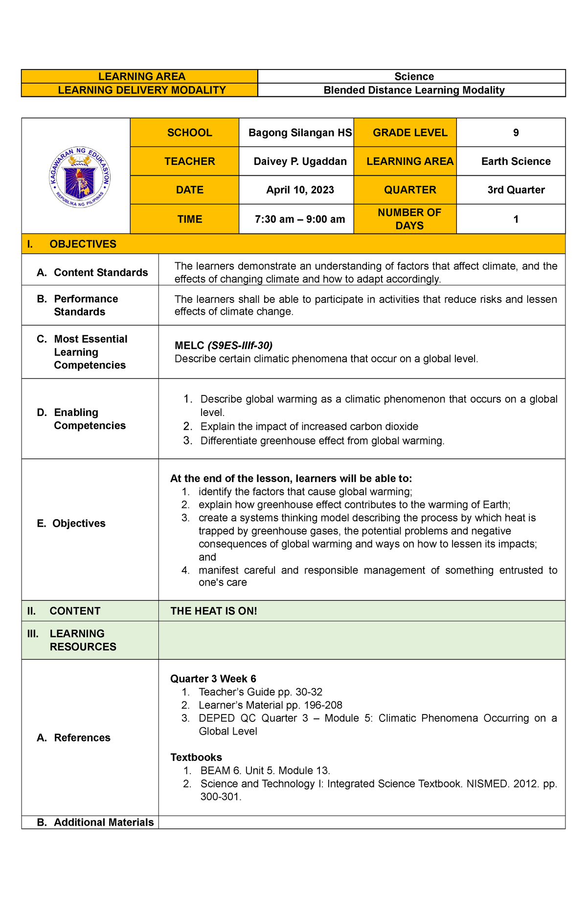 First Draft LP - THE HEAT IS ON - LEARNING AREA Science LEARNING ...