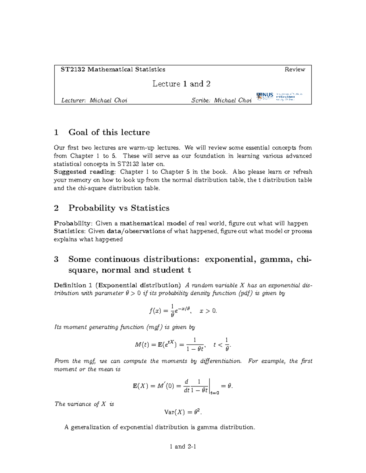 LN1 - lecture 1-2 notes - ST2132 Mathematical Statistics Review Lecture ...