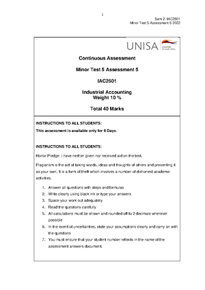 Memorandum - IAC 2601 Minor Test 2 Assessment 4- 2022-S2 - Sem 2 - IAC ...