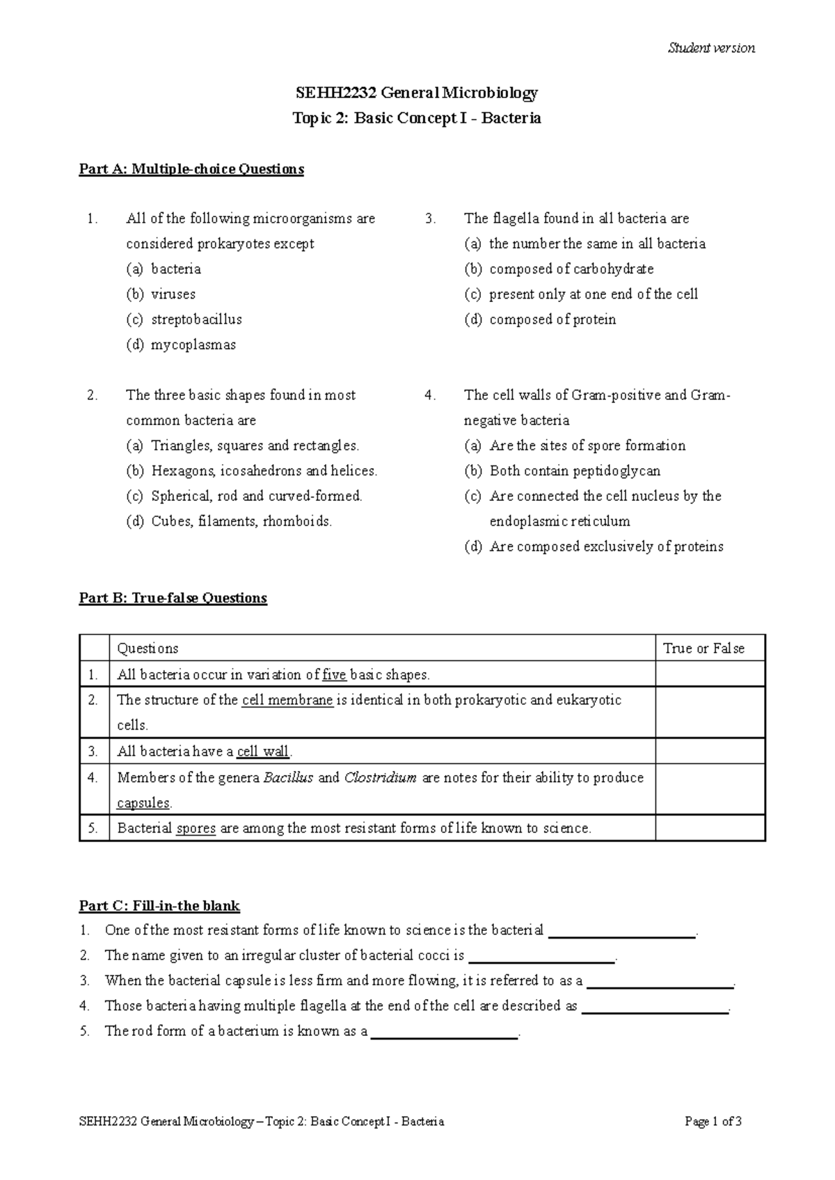 SEHH2232 Tutorial Topic 2 Basic concept I - Bacteria Student version ...