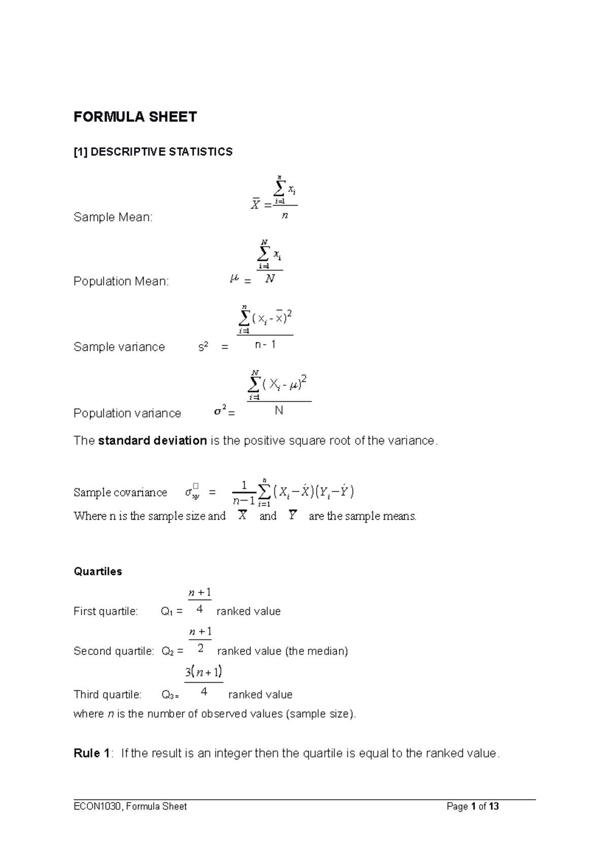 Formula Sheet-2 - FORMULA SHEET DESCRIPTIVE STATISTICS n i Sample Mean ...