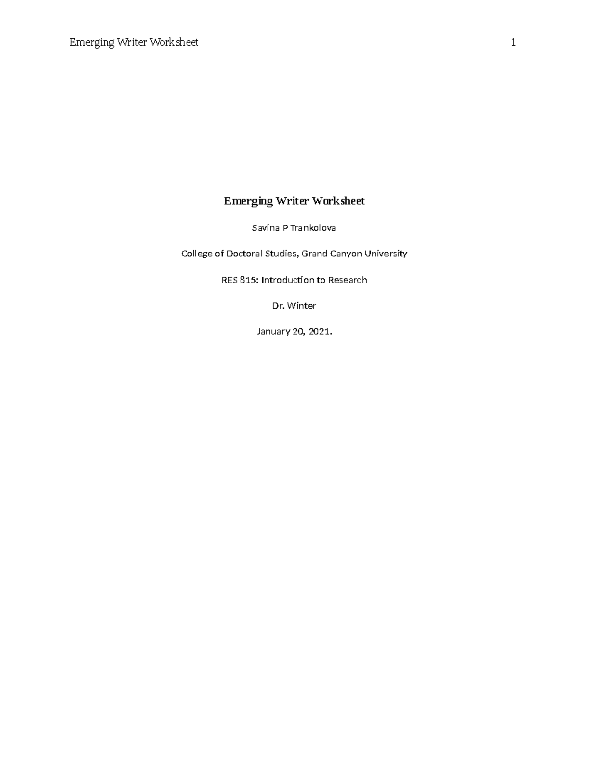 RES 815 Emerging Writer Worksheet Savina Trankolova - Emerging Writer ...