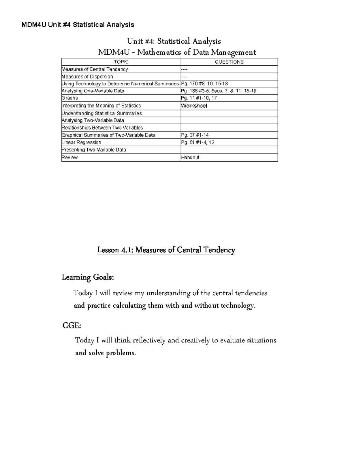 M4U Unit 4 Student Notes 2pp - 37 pages - QUESTIONS - Measures of ...