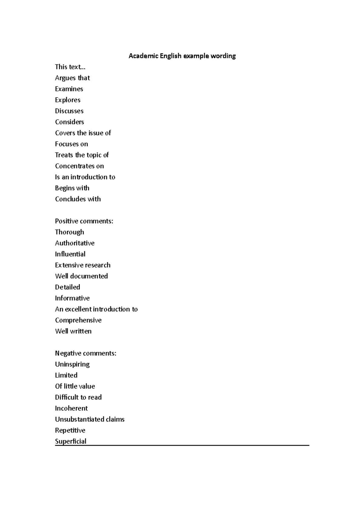 Academic English example wording - 6695 - UC - Studocu
