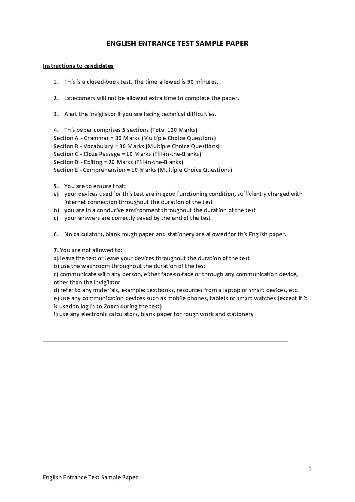 English Entrance Test Sample Paper 1 ENGLISH ENTRANCE TEST SAMPLE
