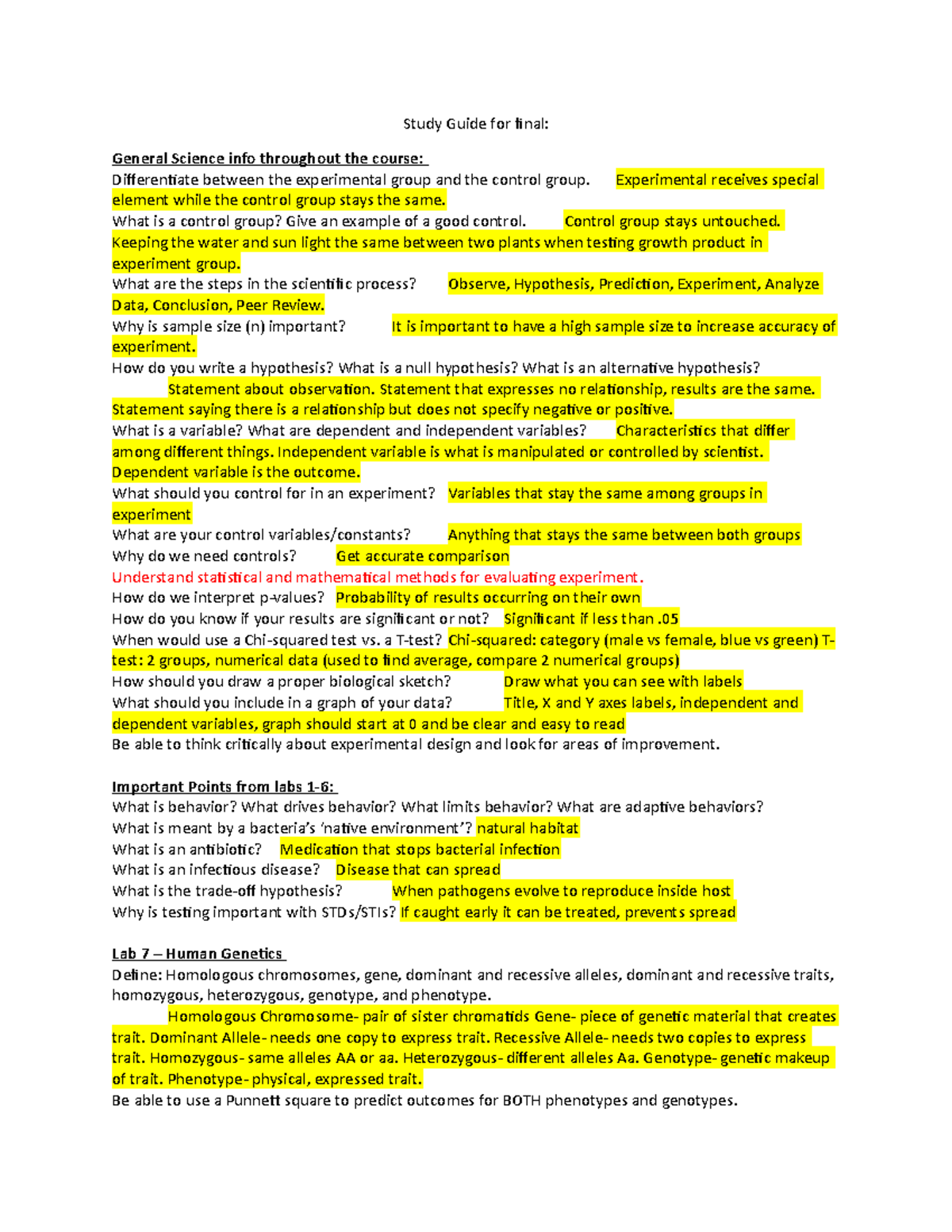 Biology 1101 Lab Final Study Guide Study Guide for final General