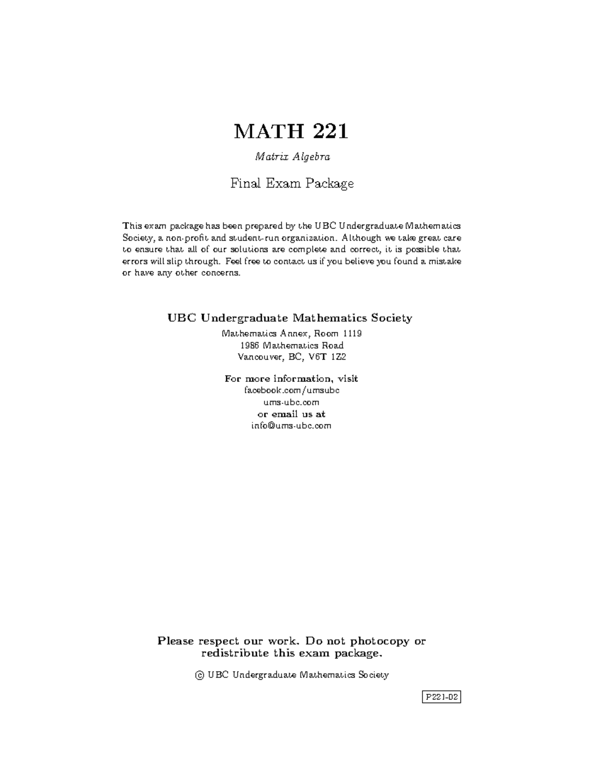 P221-02 - Final Exam Package - MATH 221 Matrix Algebra Final Exam ...