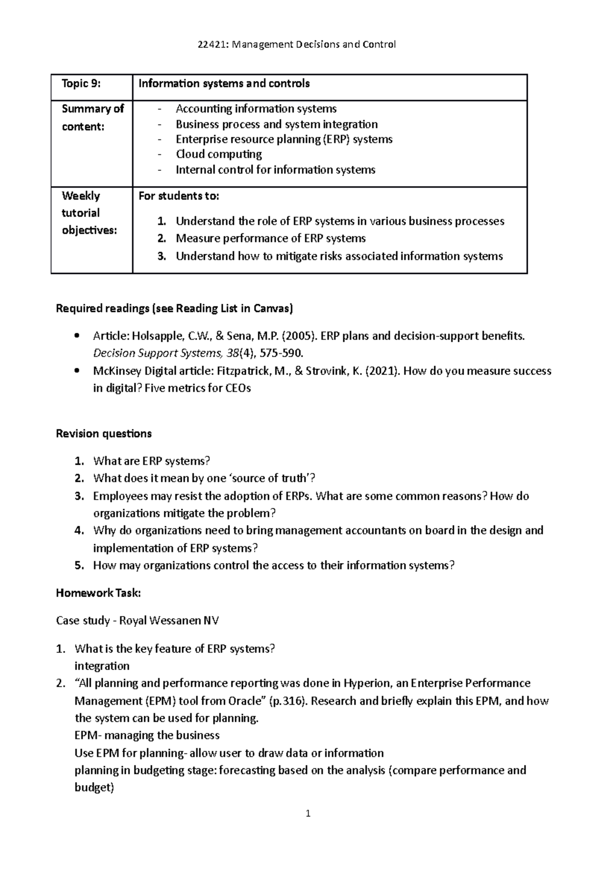 Homework Tasks Topic 9 Information Systems and Control - 22421 ...