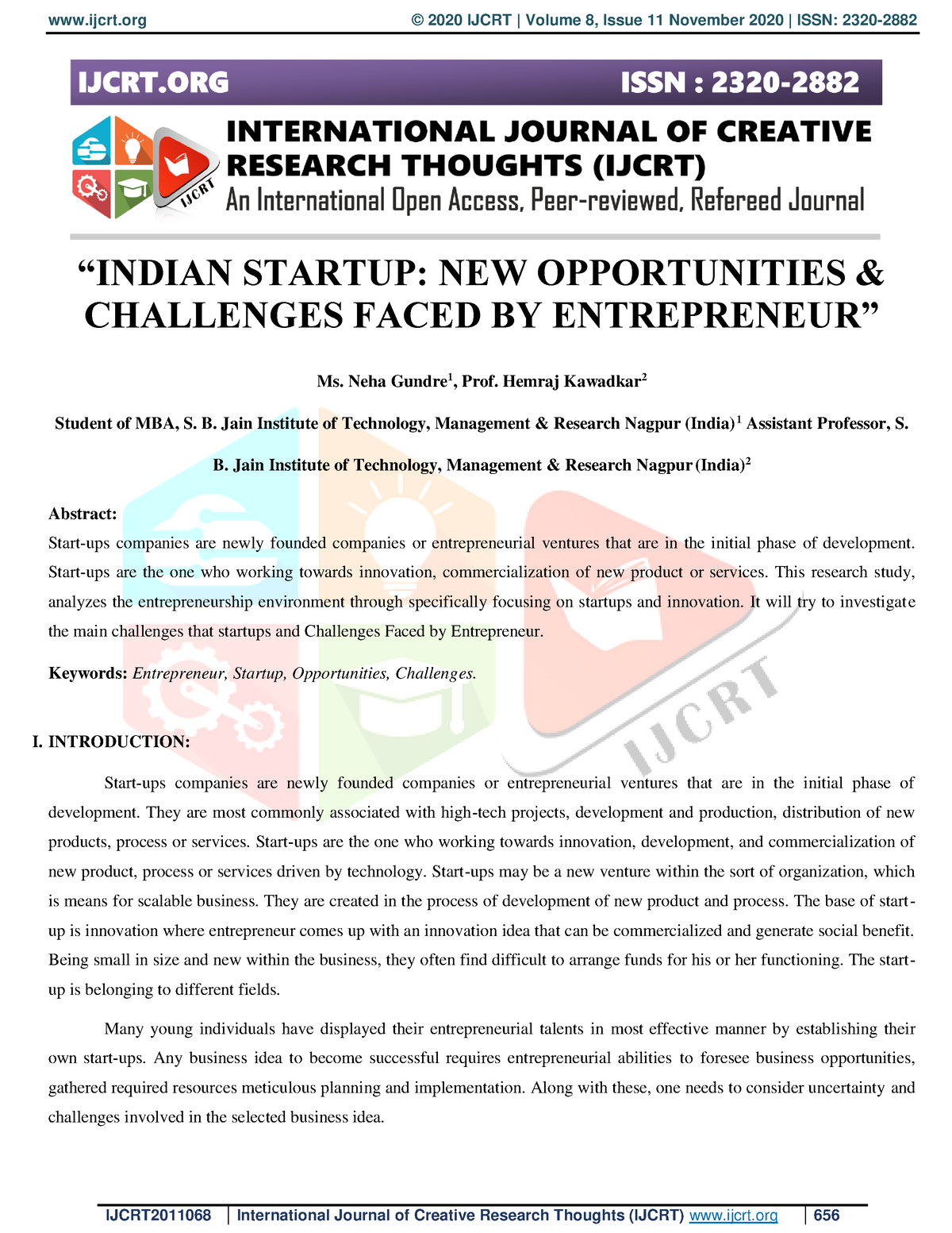 Ijcrt 2011 068 - Assignment - “INDIAN STARTUP: NEW OPPORTUNITIES ...