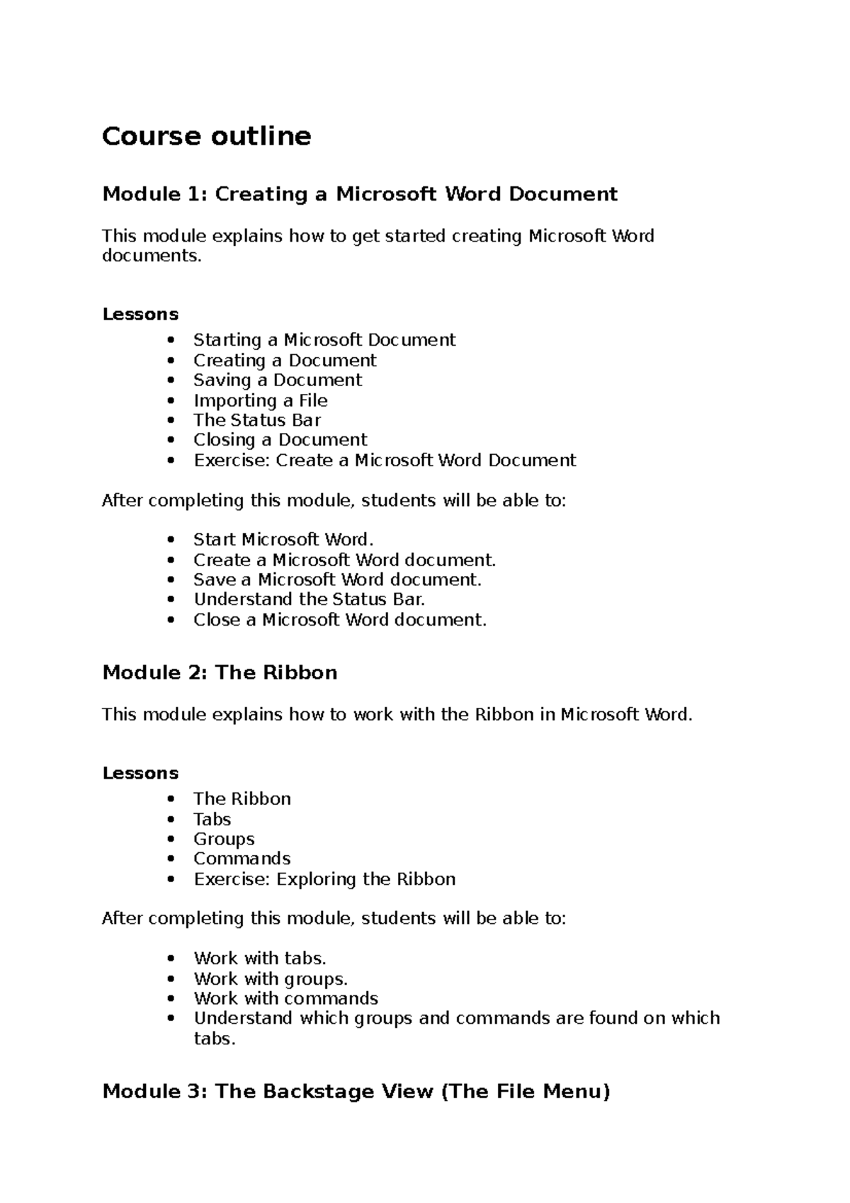 Course outline - N/A - Course outline Module 1: Creating a Microsoft ...