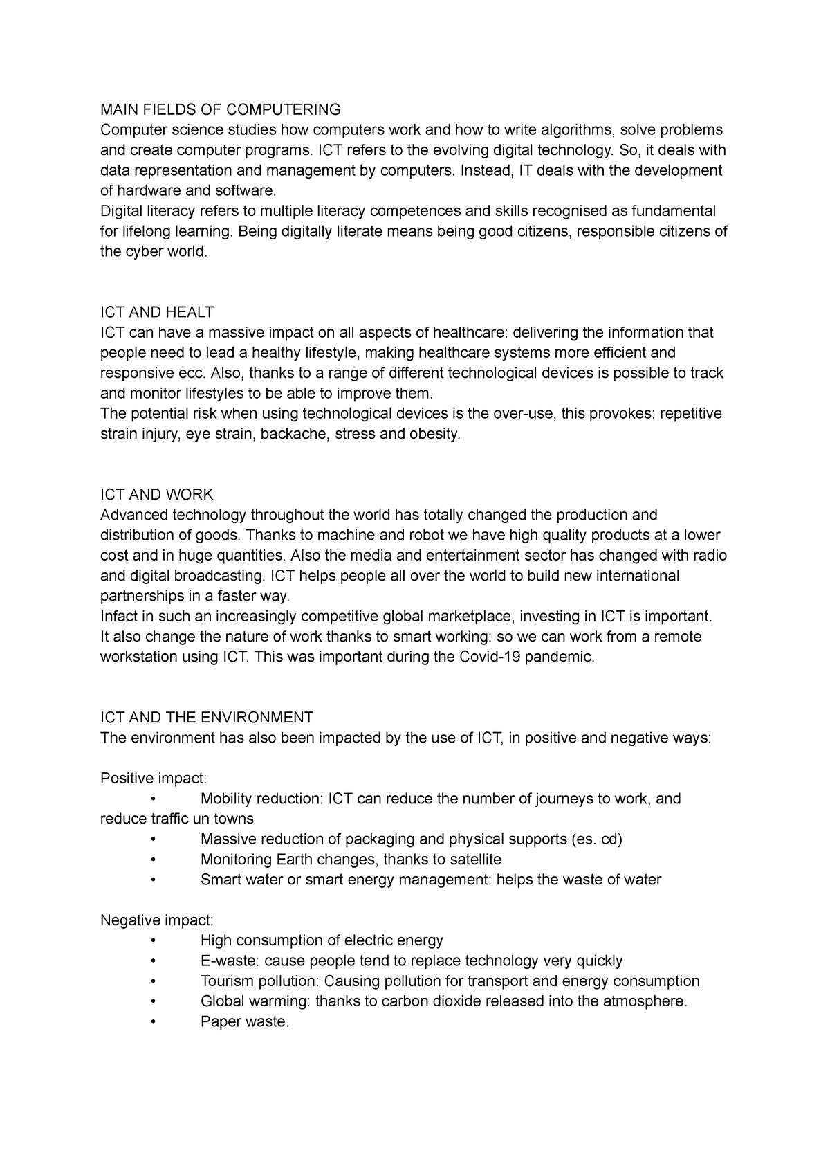 Inglese - Appunti - Main Fields Of Computering Computer Science Studies 