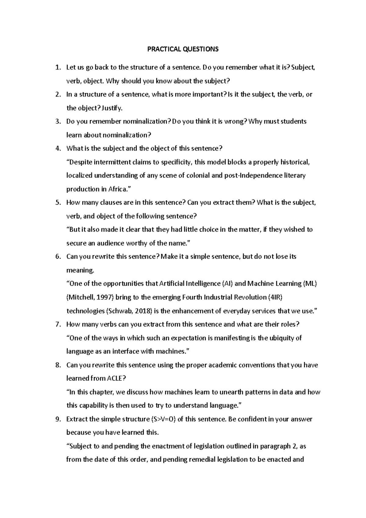 Practical Questions 19 August - PRACTICAL QUESTIONS Let us go back to ...