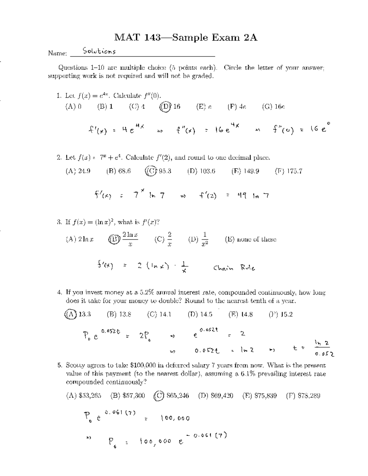 Sample Exam 2A Solutions - MAT 143 - Studocu