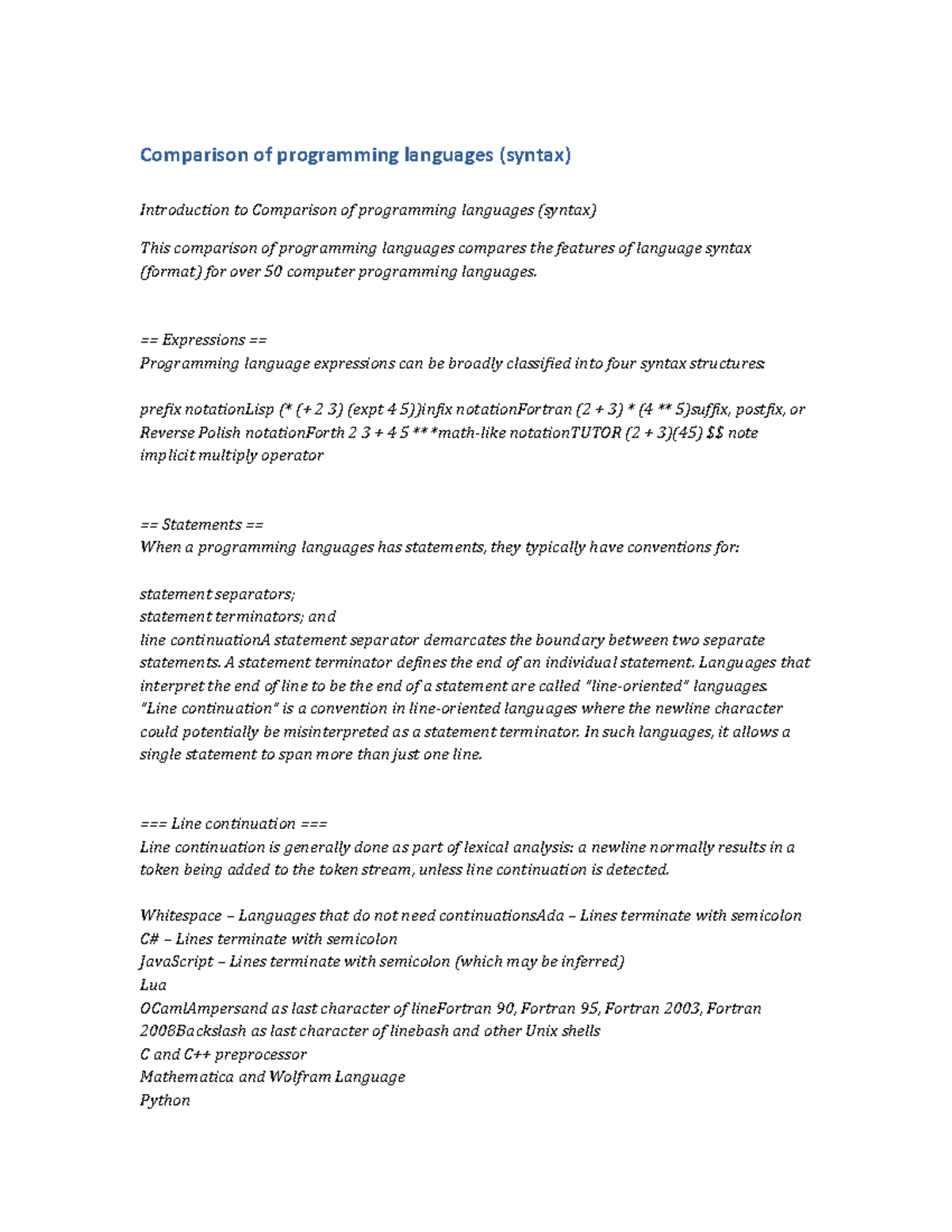 PSY167 Notes Comparison of programming languages (syntax) - Comparison ...