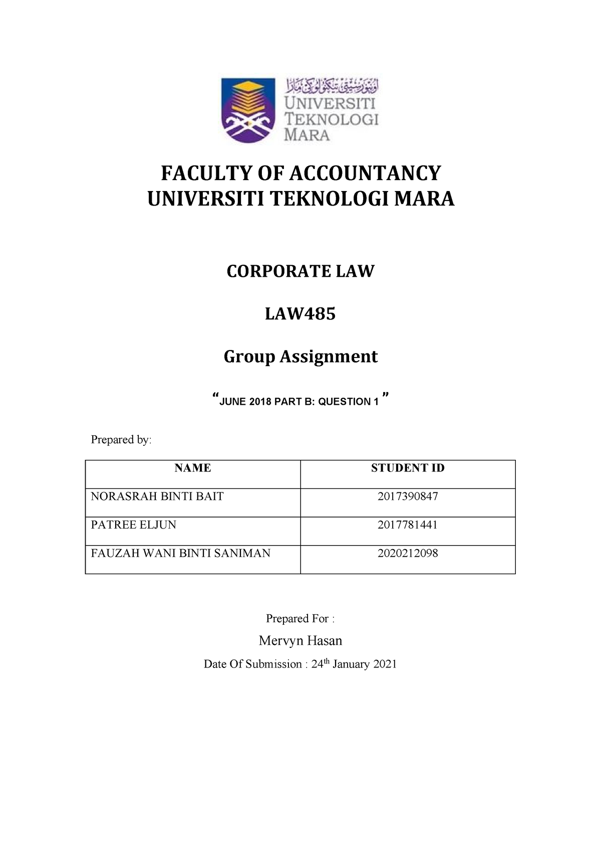 Group Project Law485 Faculty Of Accountancy Universiti Teknologi Mara