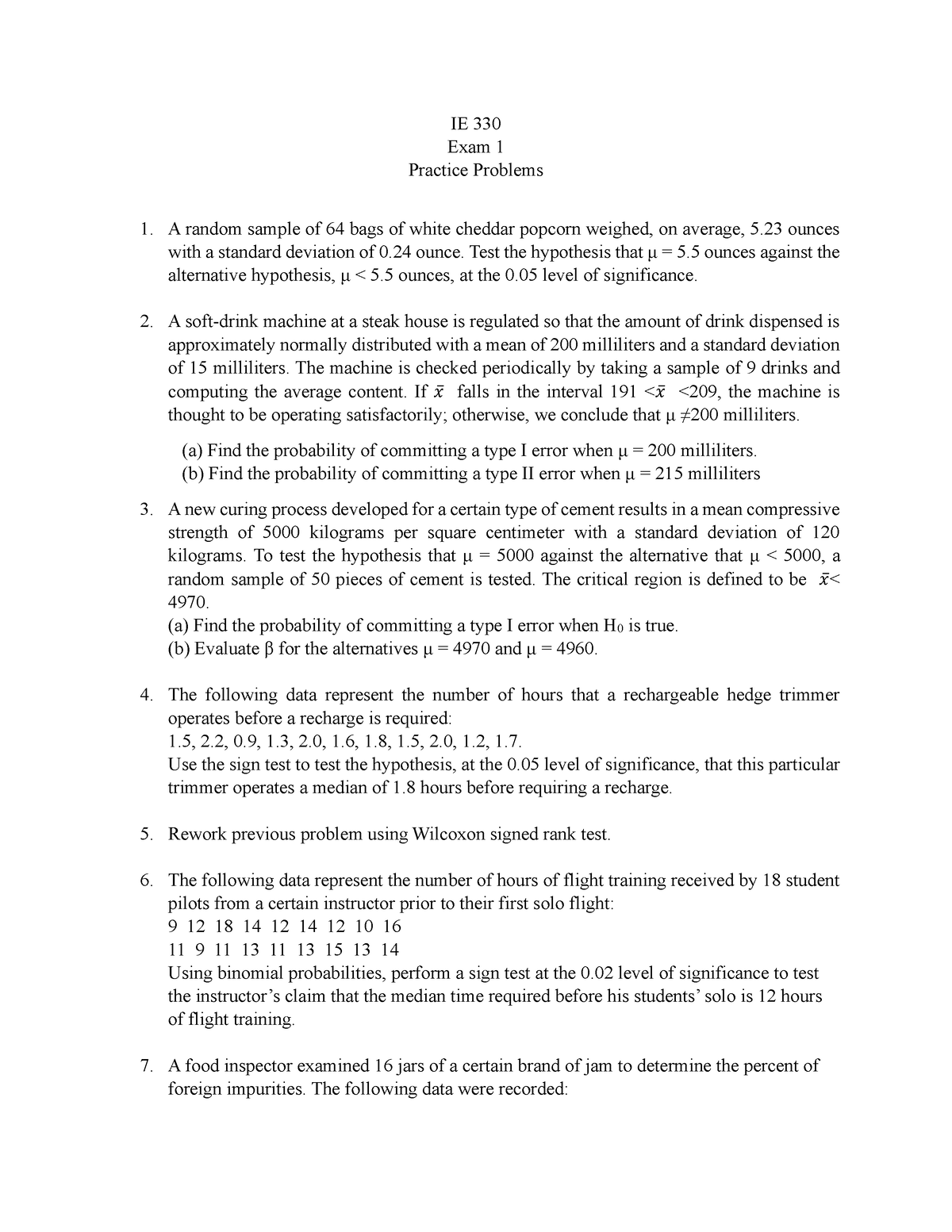 IE 330 Practice Problem Exam 1 - IE 330 Exam 1 Practice Problems A ...