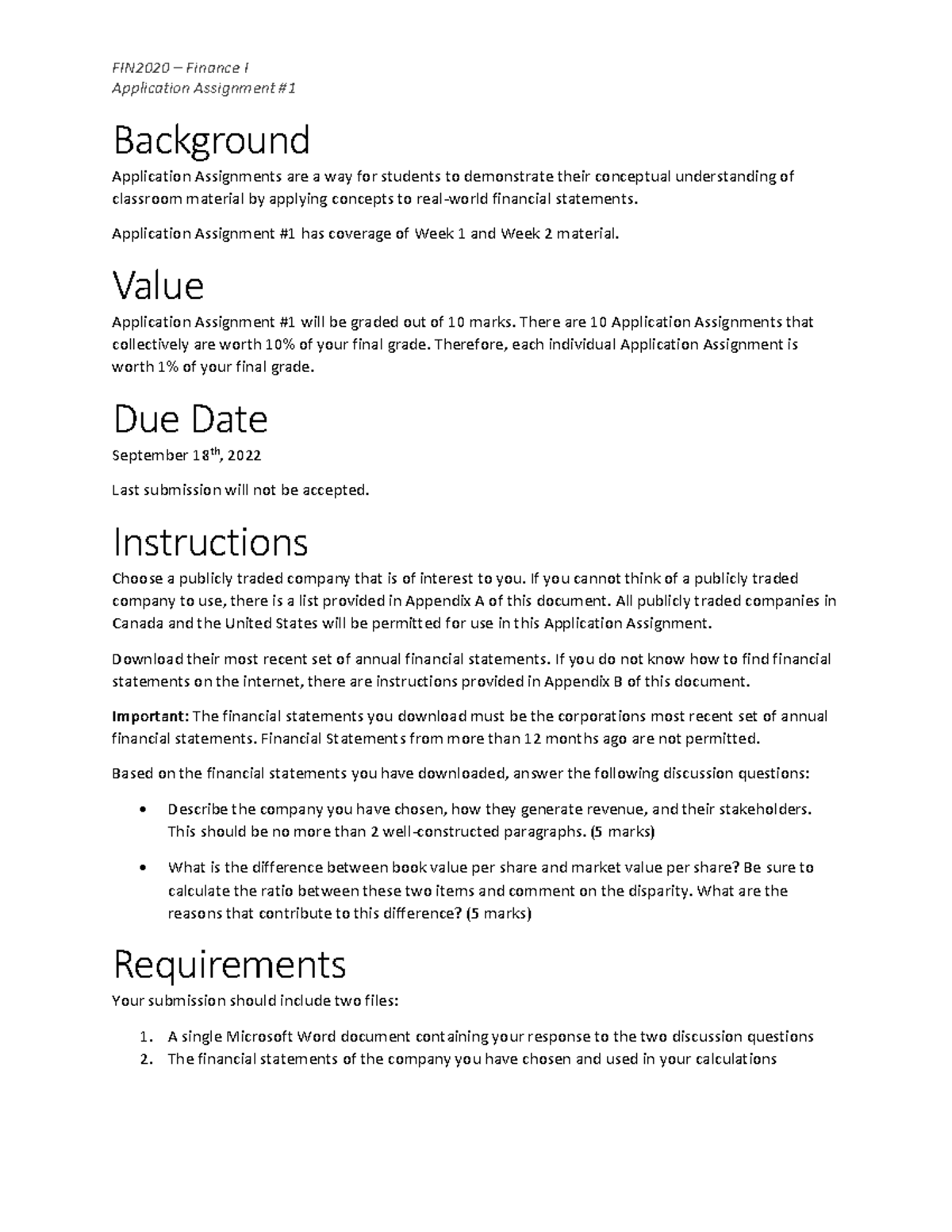 FIN2020 - Application Assignment 1 (F22) - FIN2020 – Finance I ...