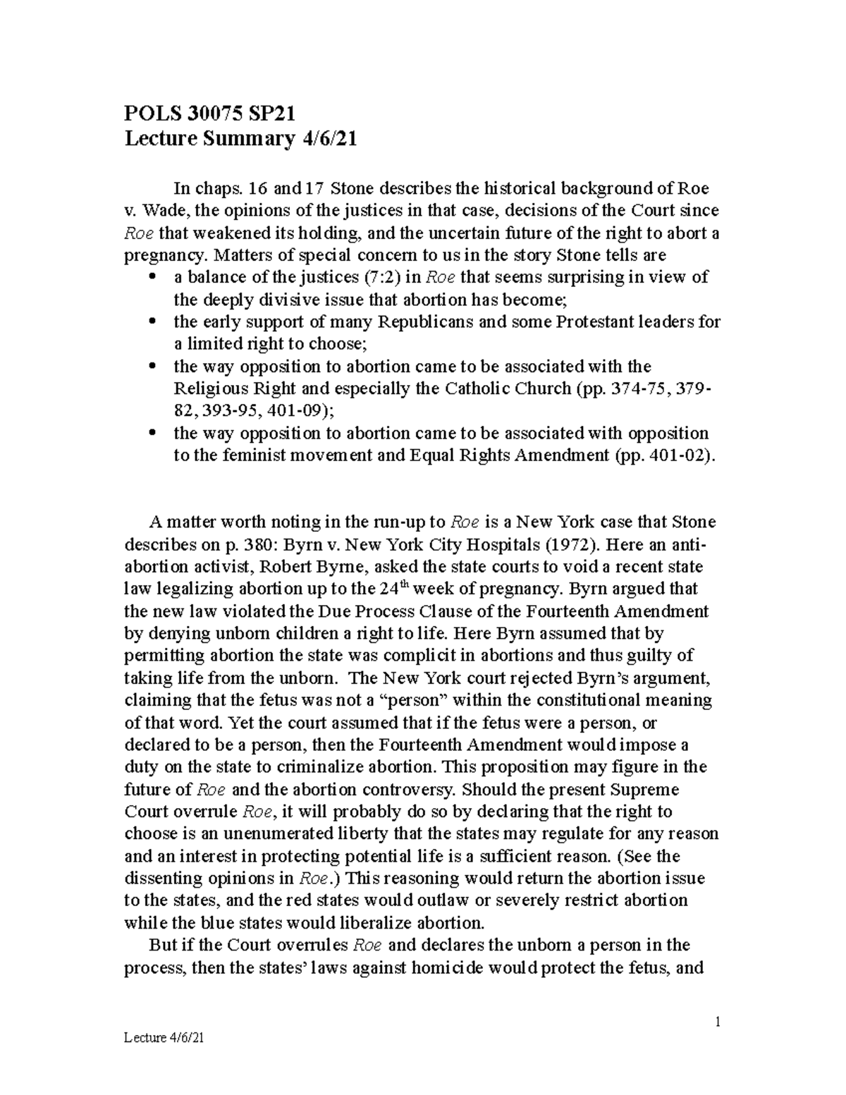 Lecture 4/06/21 POLS 30075 SP Lecture Summary 4/6/ In chaps. 16 and