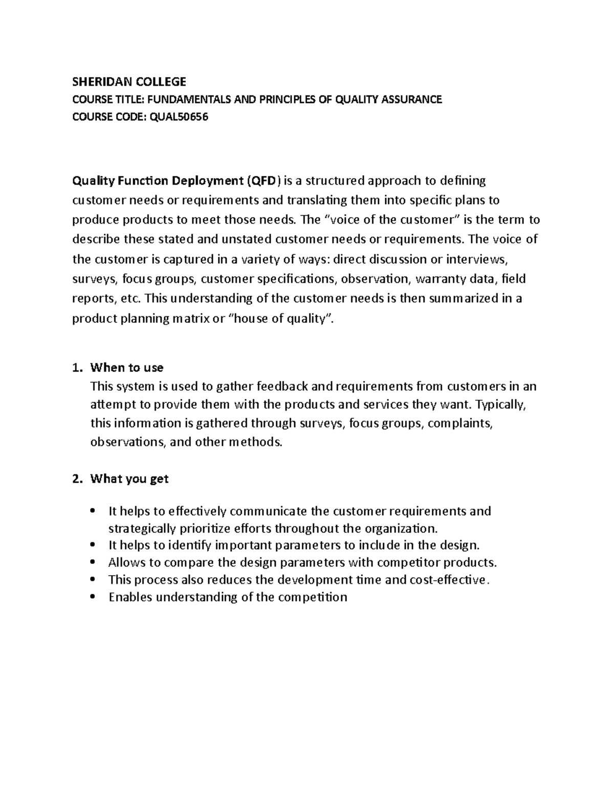 Project 1 QFD - SHERIDAN COLLEGE COURSE TITLE: FUNDAMENTALS AND ...