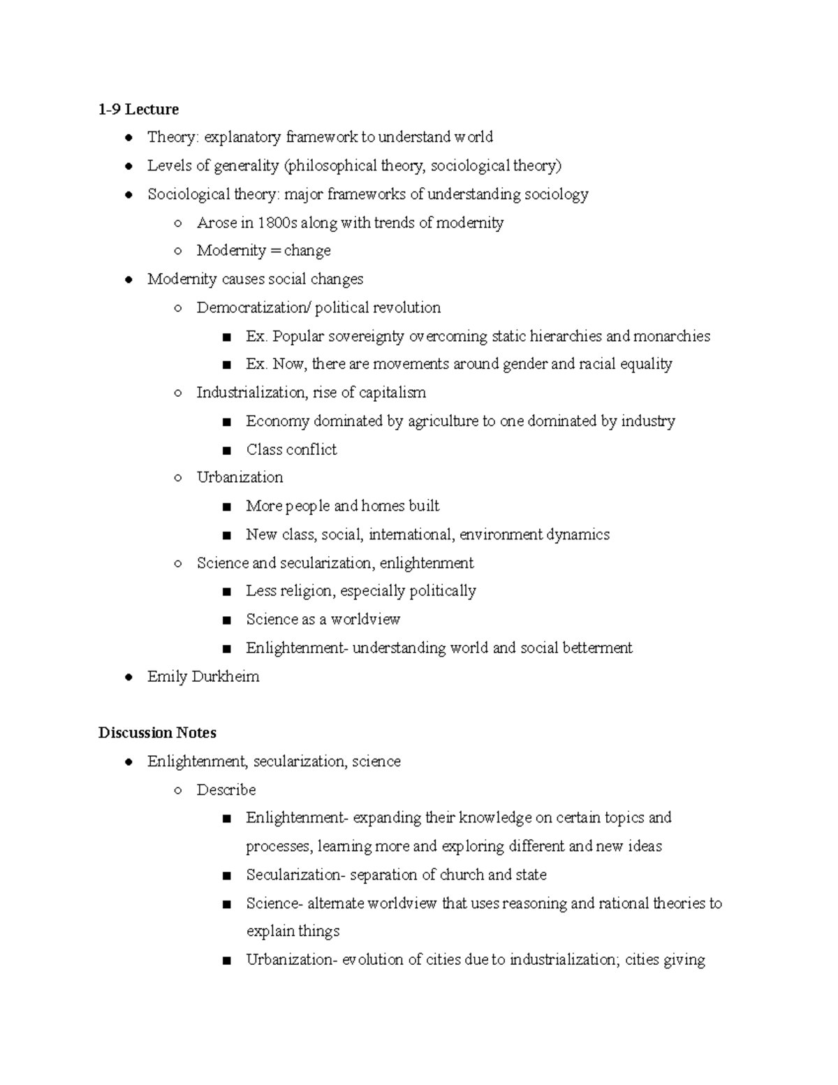 SOC 101 Notes - 1-9 Lecture Theory: explanatory framework to understand ...