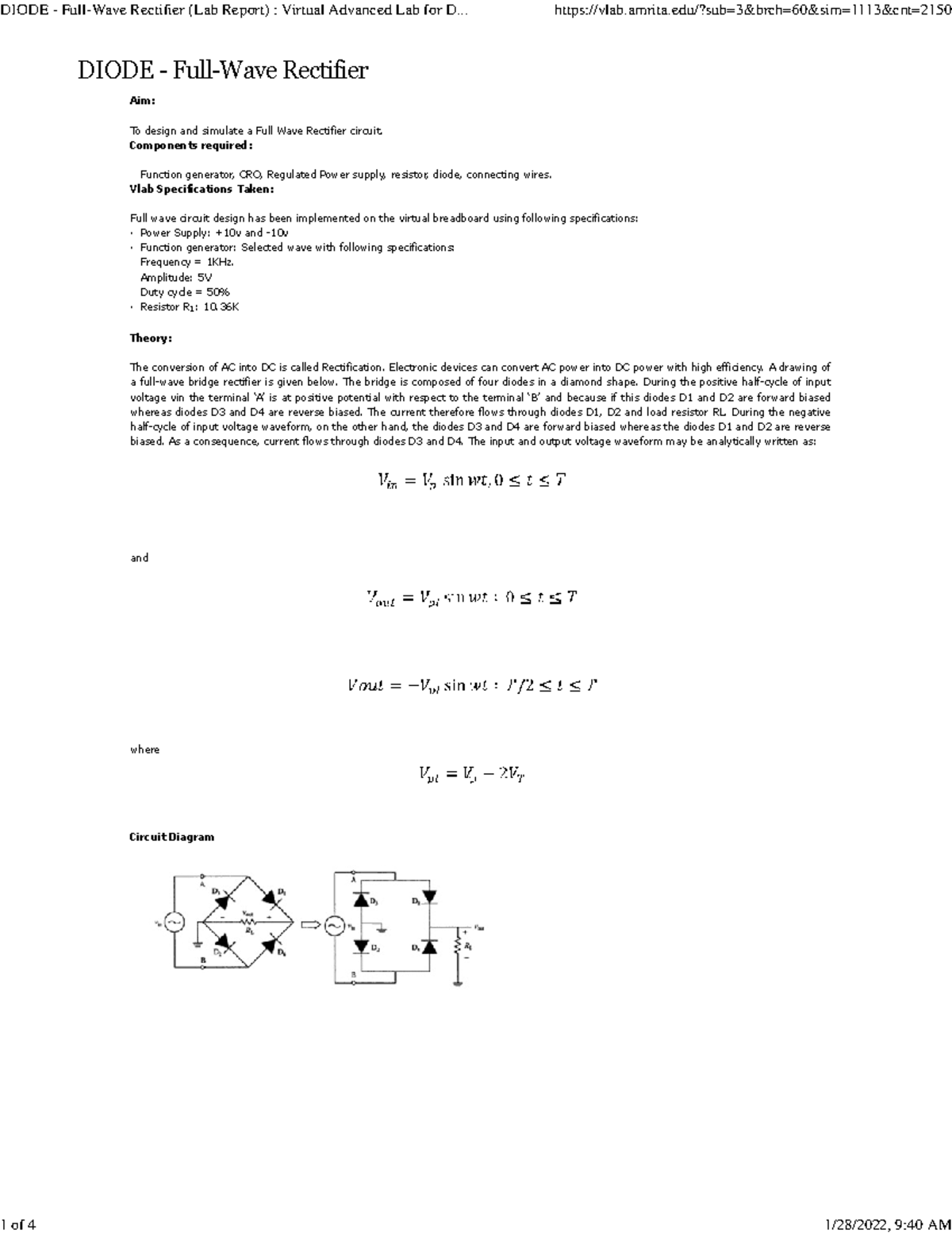 Diode FullWave Rectifier (Lab Report) Virtual Advanced Lab for