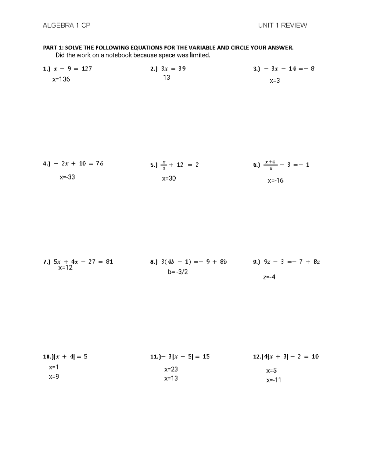 - UNIT 1 Review - PART 1: SOLVE THE FOLLOWING EQUATIONS FOR THE ...