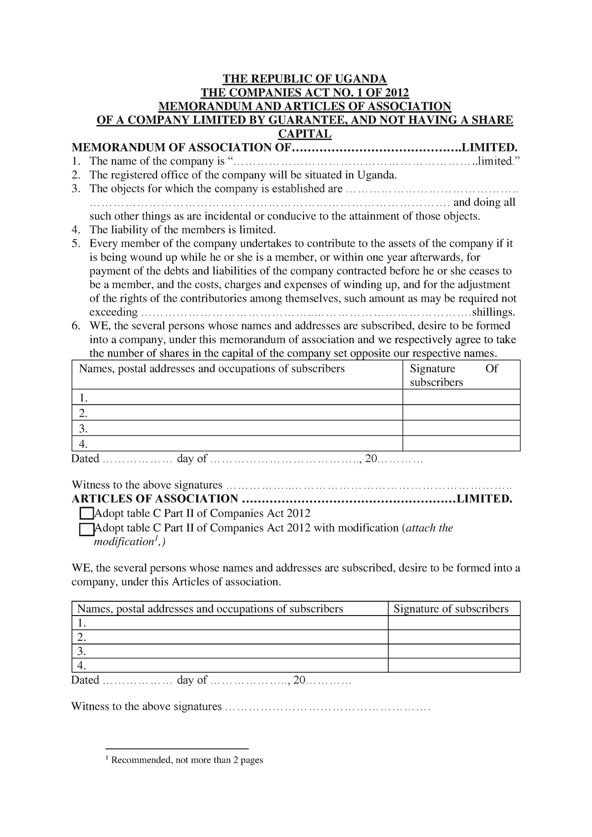 Company Limited By Guarantee - The Republic Of Uganda The Companies Act 