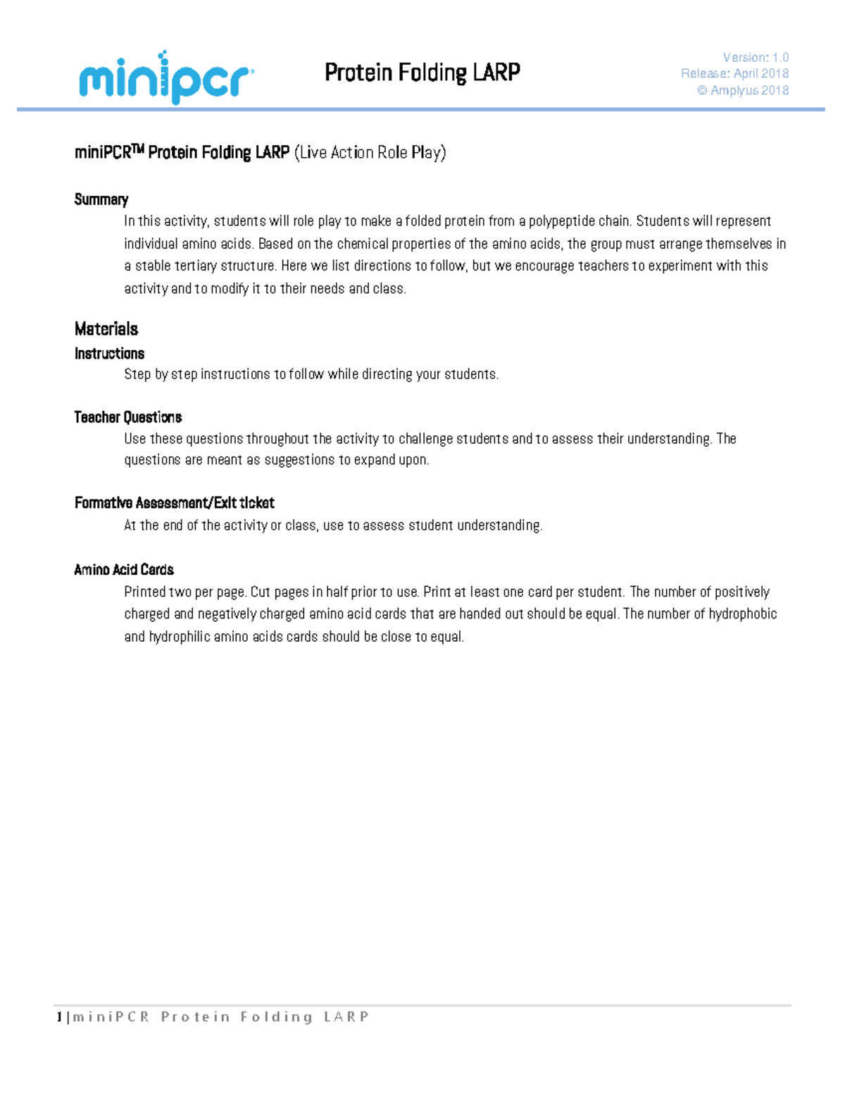 ProteinfoldingLARP Version 1. Release April 2018 © Amplyus 2018 1