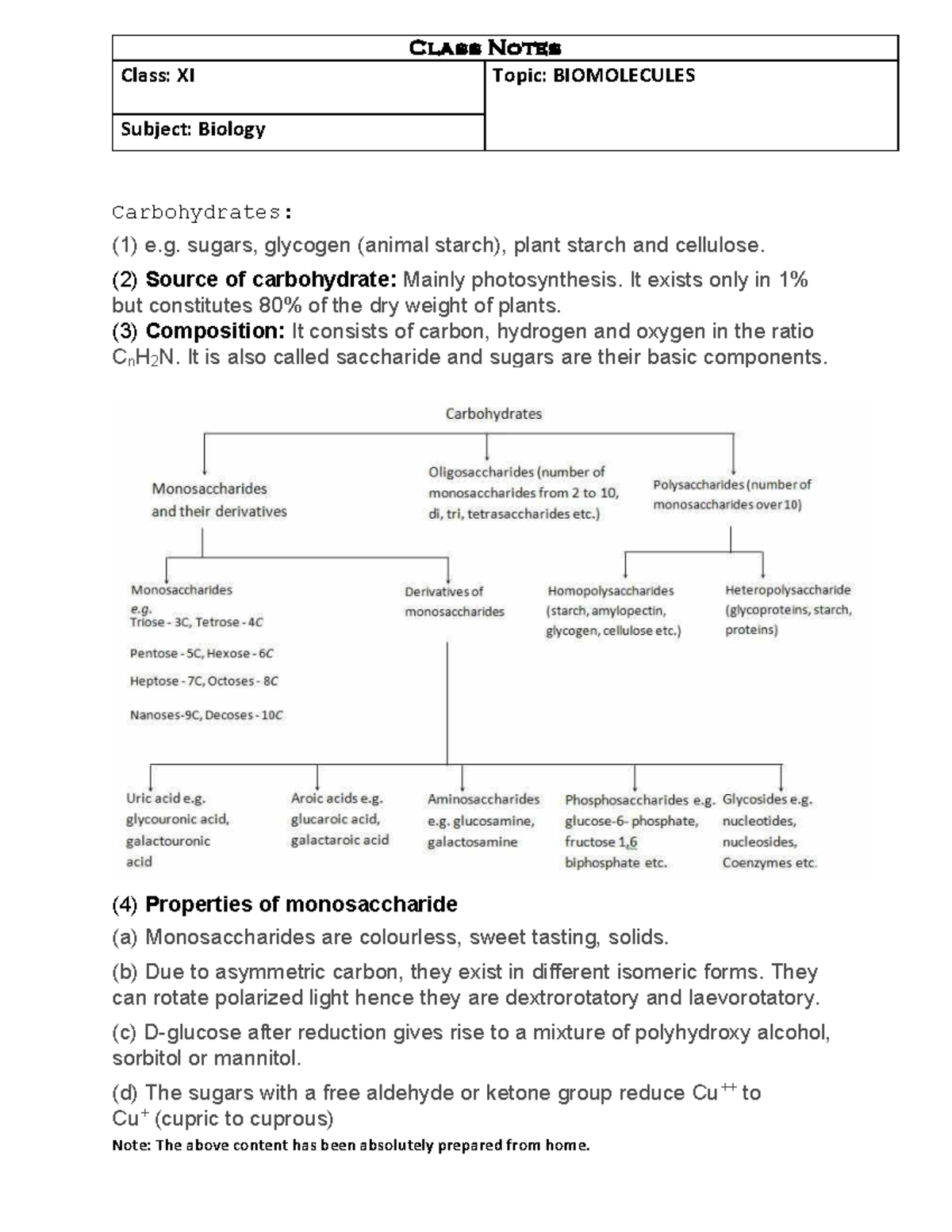 11Biology Bio Class Notes Class XI Topic BIOMOLECULES Subject